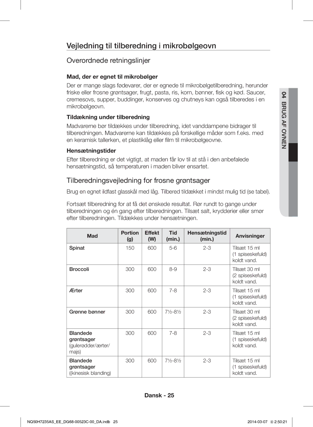 Samsung NQ50H7235AS/EE manual Vejledning til tilberedning i mikrobølgeovn, Overordnede retningslinjer 