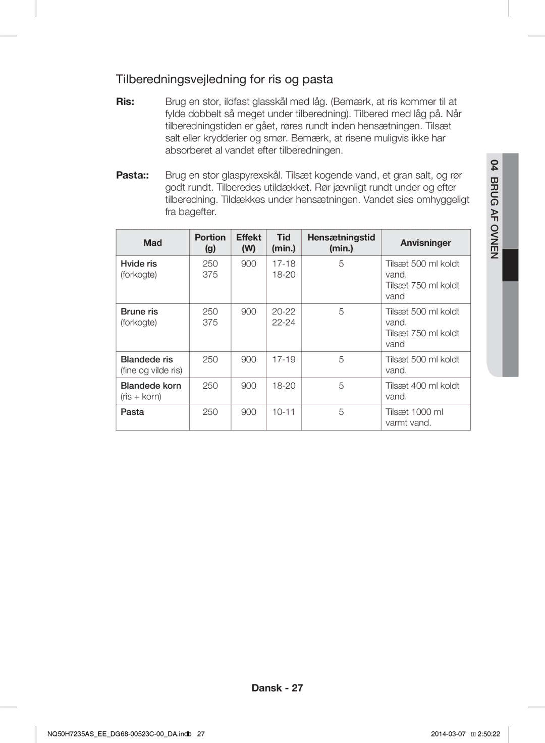 Samsung NQ50H7235AS/EE manual Tilberedningsvejledning for ris og pasta 