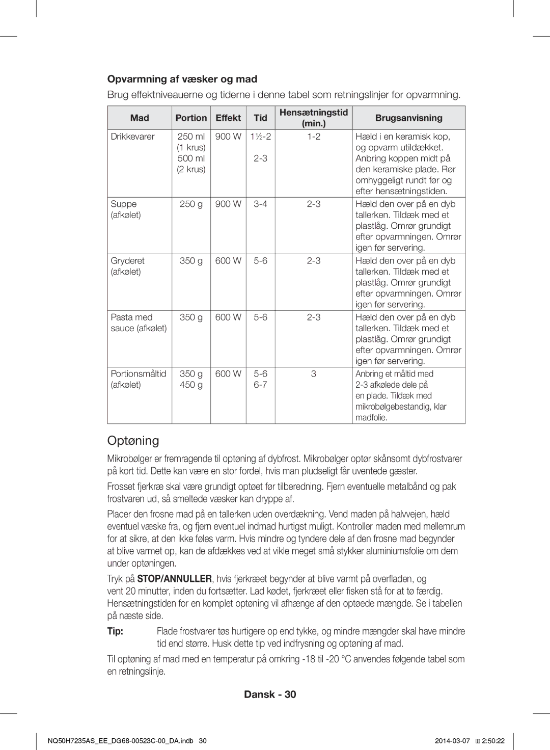 Samsung NQ50H7235AS/EE manual Optøning, Opvarmning af væsker og mad, Mad Portion Effekt Tid 