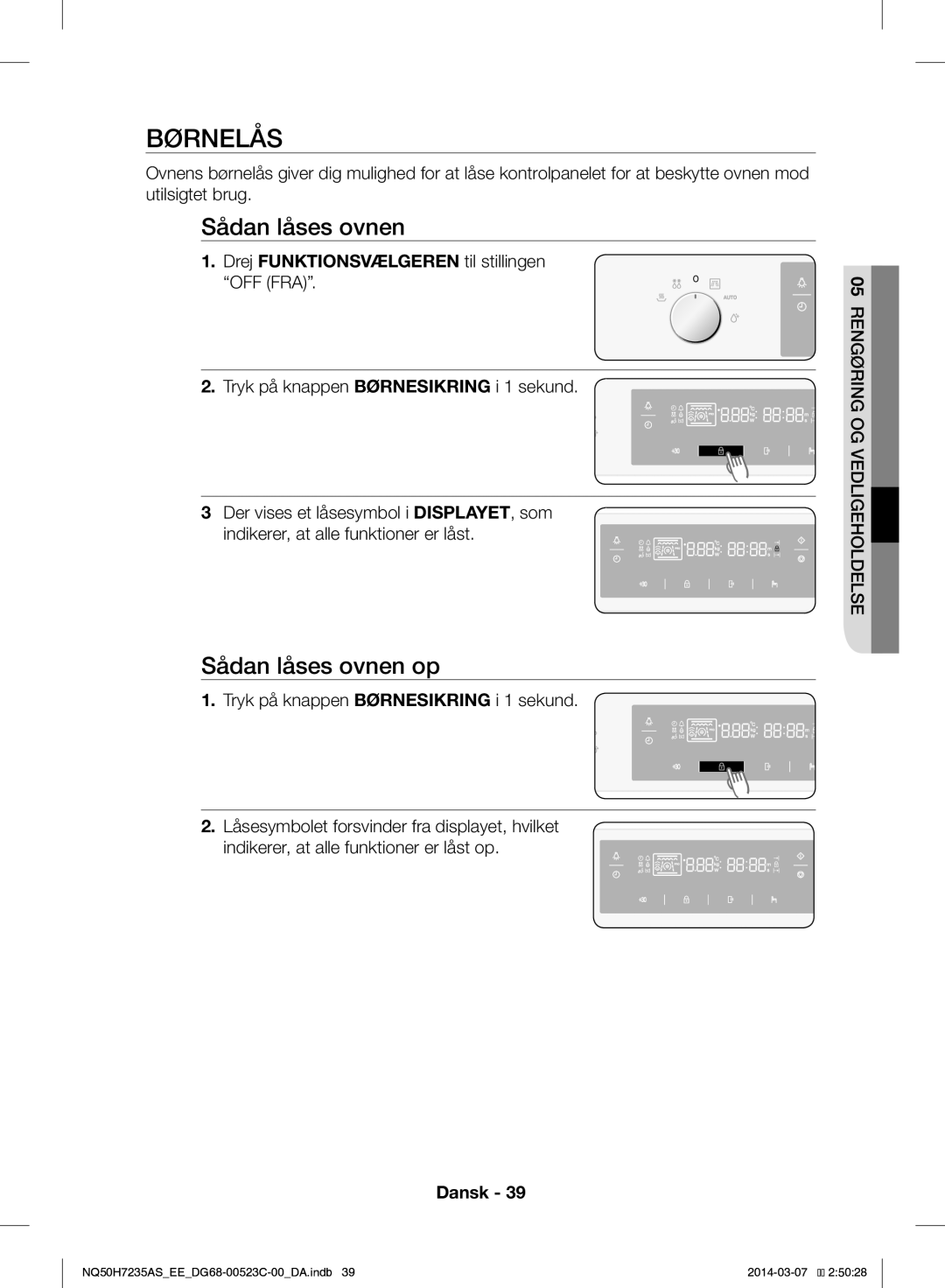 Samsung NQ50H7235AS/EE manual Børnelås, Sådan låses ovnen op 