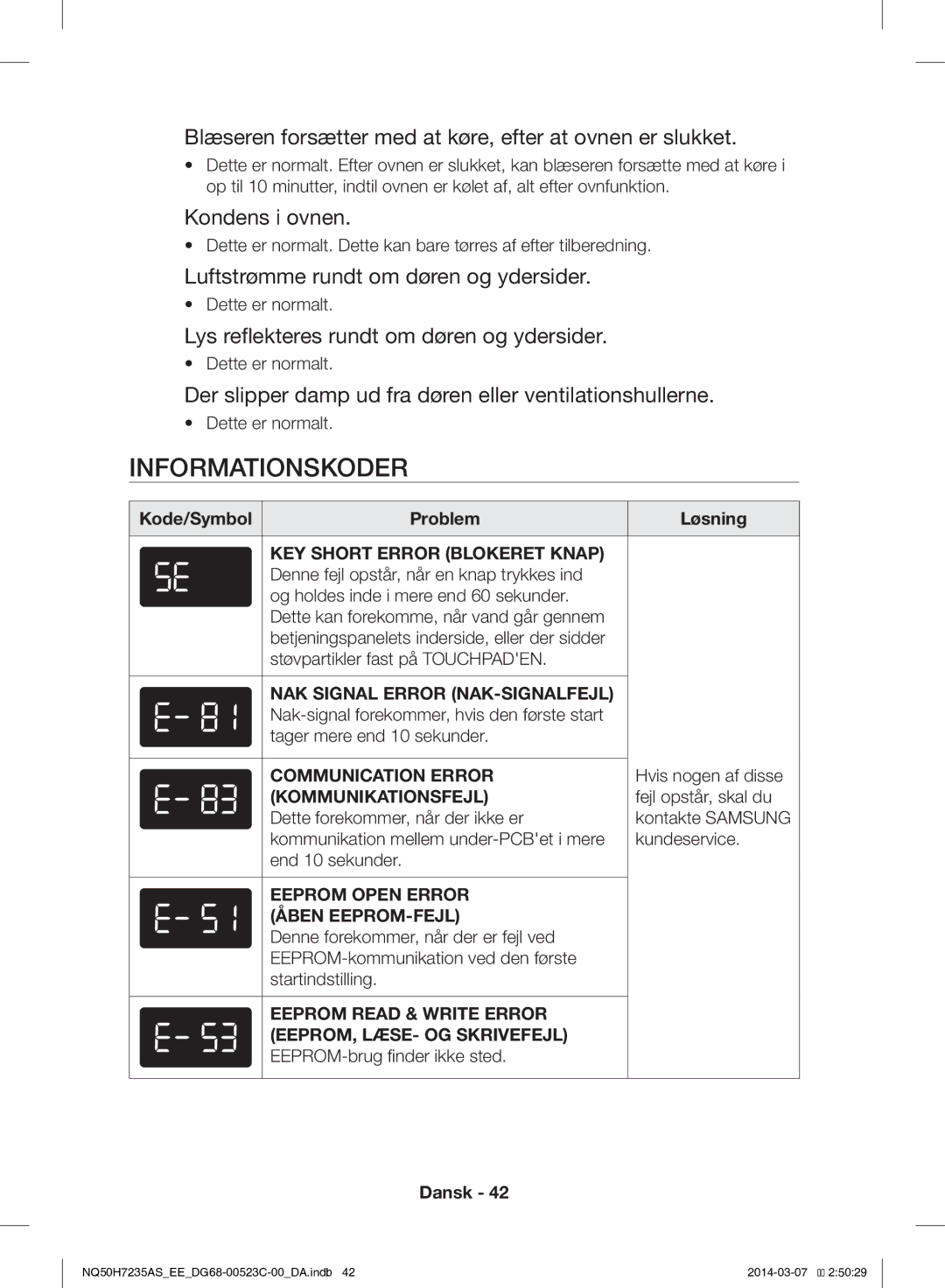 Samsung NQ50H7235AS/EE manual Blæseren forsætter med at køre, efter at ovnen er slukket, Kondens i ovnen 