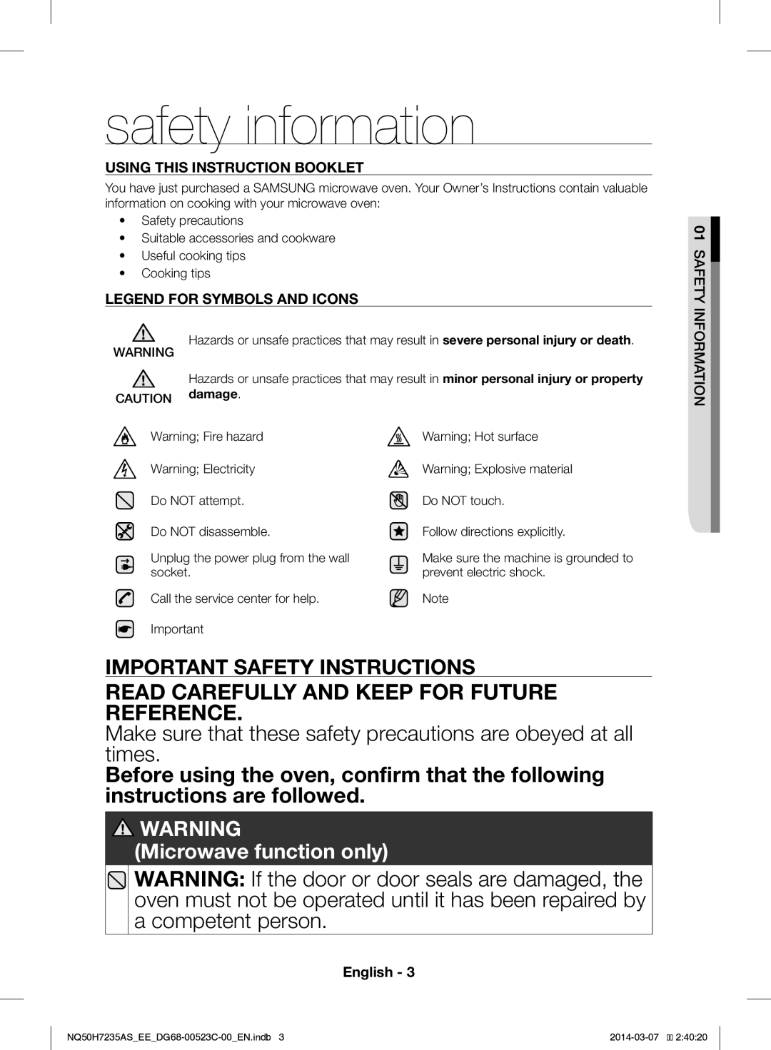 Samsung NQ50H7235AS/EE manual Safety information, Read Carefully and Keep for Future Reference 