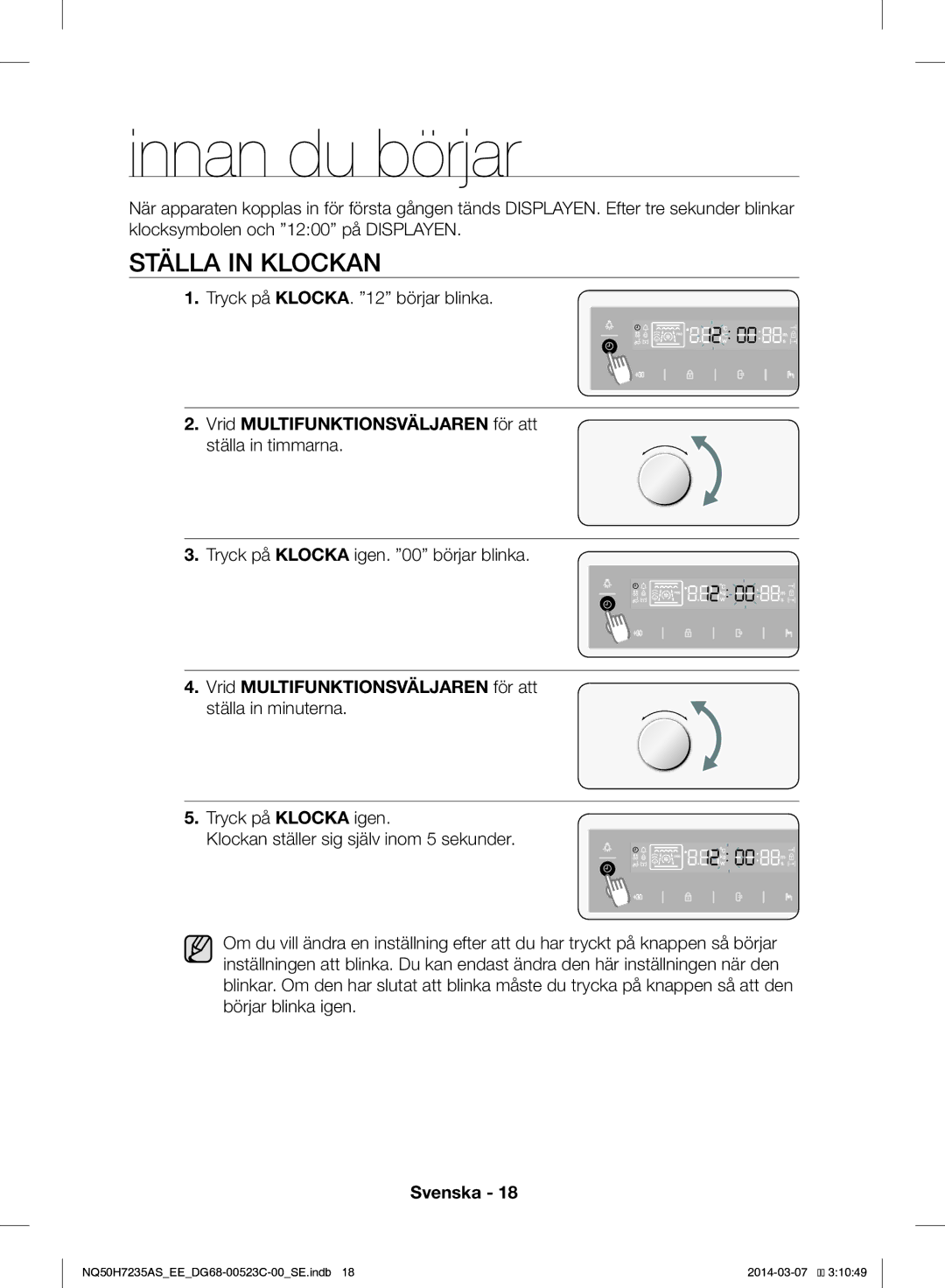 Samsung NQ50H7235AS/EE manual Innan du börjar, Ställa in Klockan, Vrid Multifunktionsväljaren för att 