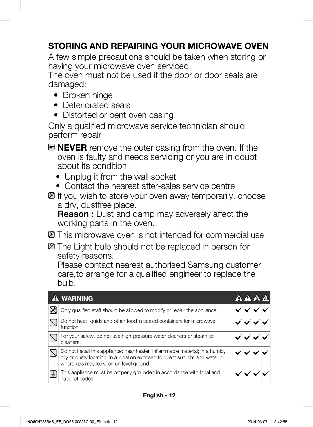 Samsung NQ50H7235AS/EE manual Storing and Repairing Your Microwave Oven 