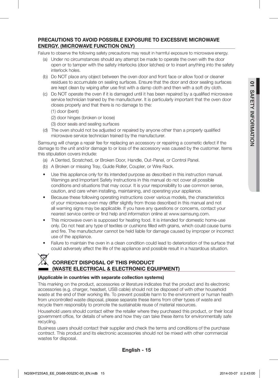 Samsung NQ50H7235AS/EE manual Applicable in countries with separate collection systems 