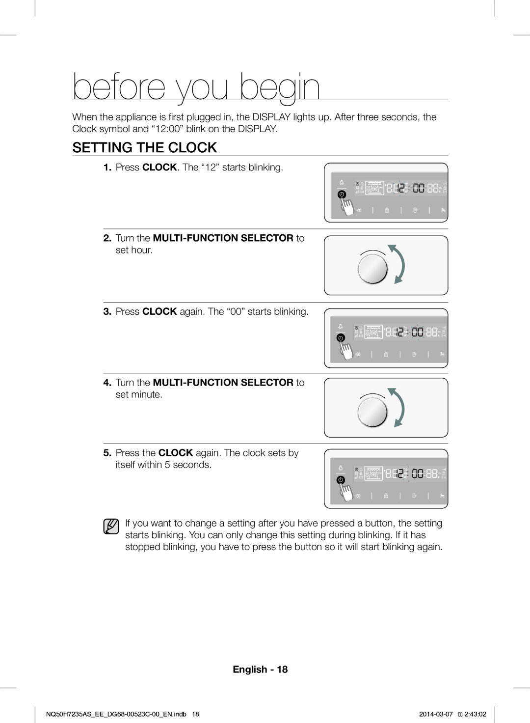 Samsung NQ50H7235AS/EE manual Before you begin, Setting the Clock, Turn the MULTI-FUNCTION Selector to 