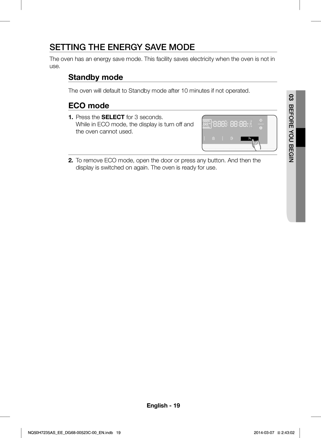 Samsung NQ50H7235AS/EE manual Setting the Energy Save Mode, ECO mode 