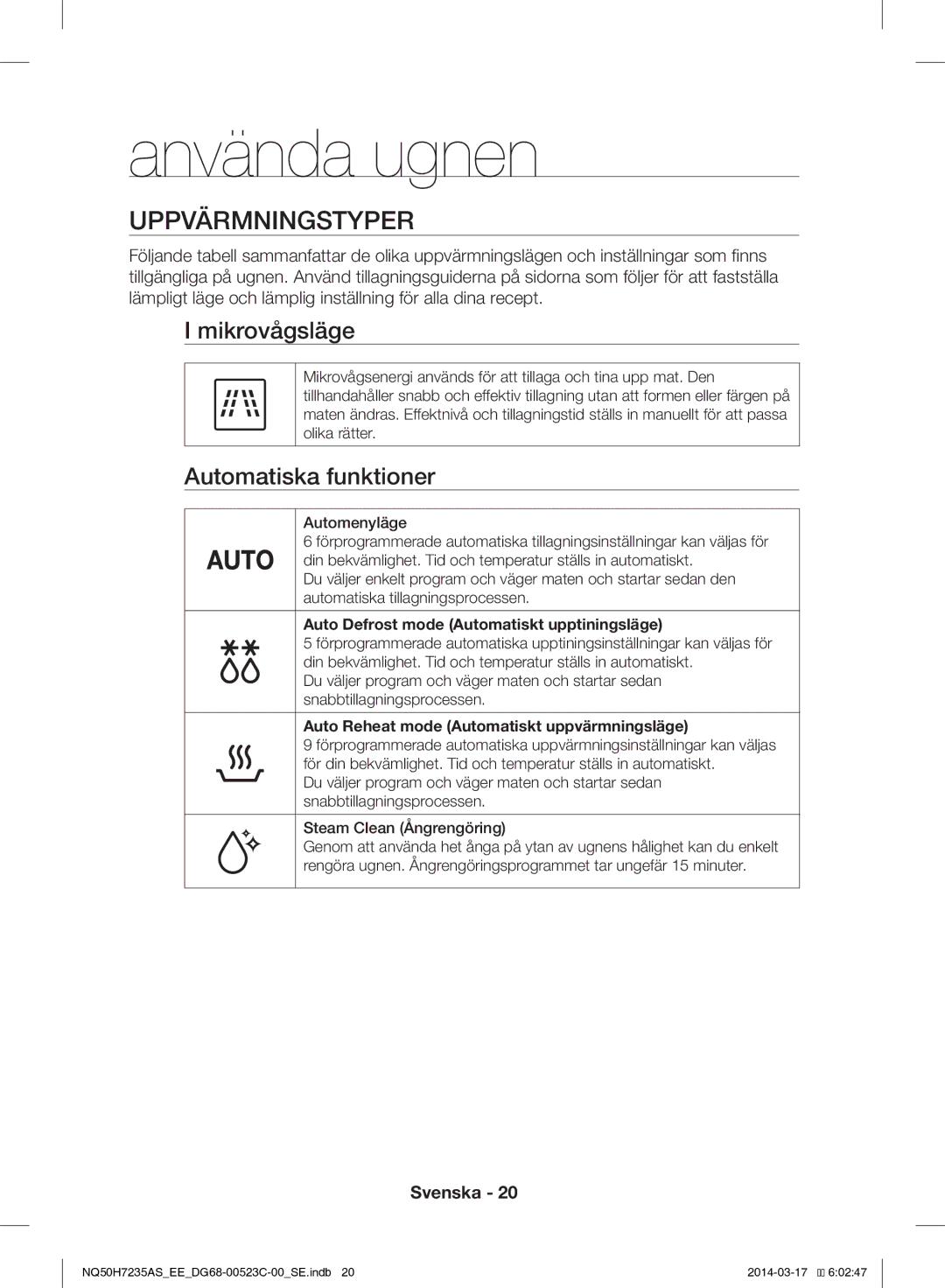 Samsung NQ50H7235AS/EE manual Använda ugnen, Uppvärmningstyper, Mikrovågsläge, Automatiska funktioner 