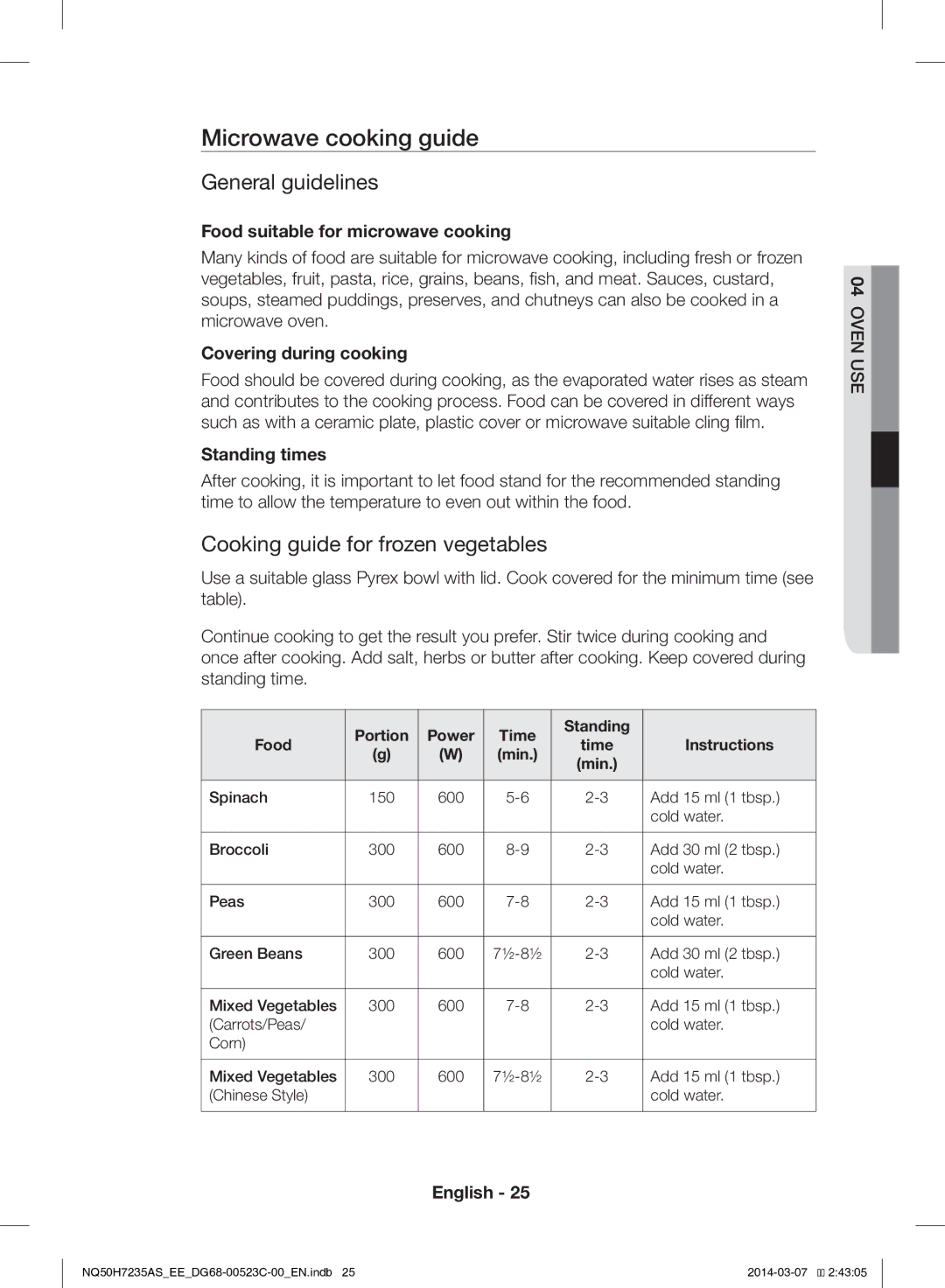 Samsung NQ50H7235AS/EE manual Microwave cooking guide, General guidelines, Cooking guide for frozen vegetables 