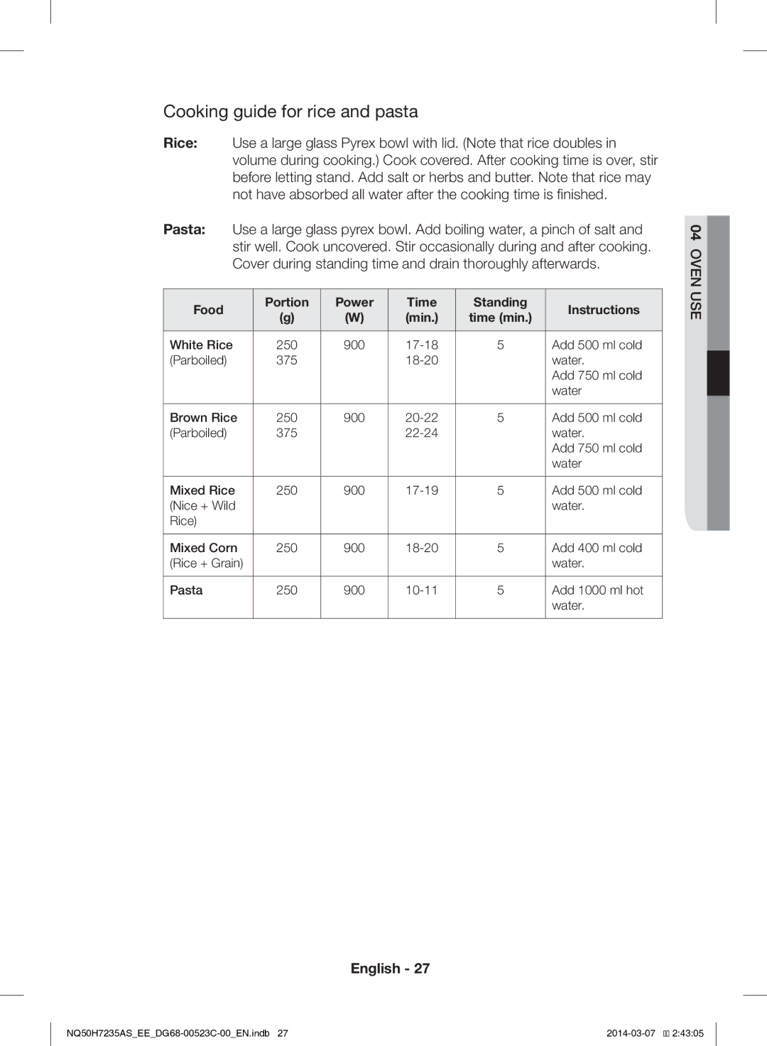 Samsung NQ50H7235AS/EE manual Cooking guide for rice and pasta, Food Portion Power Time Standing Instructions Min 