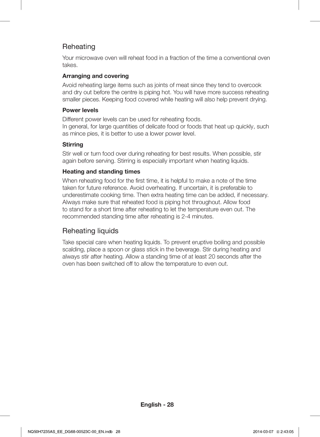 Samsung NQ50H7235AS/EE manual Reheating liquids 