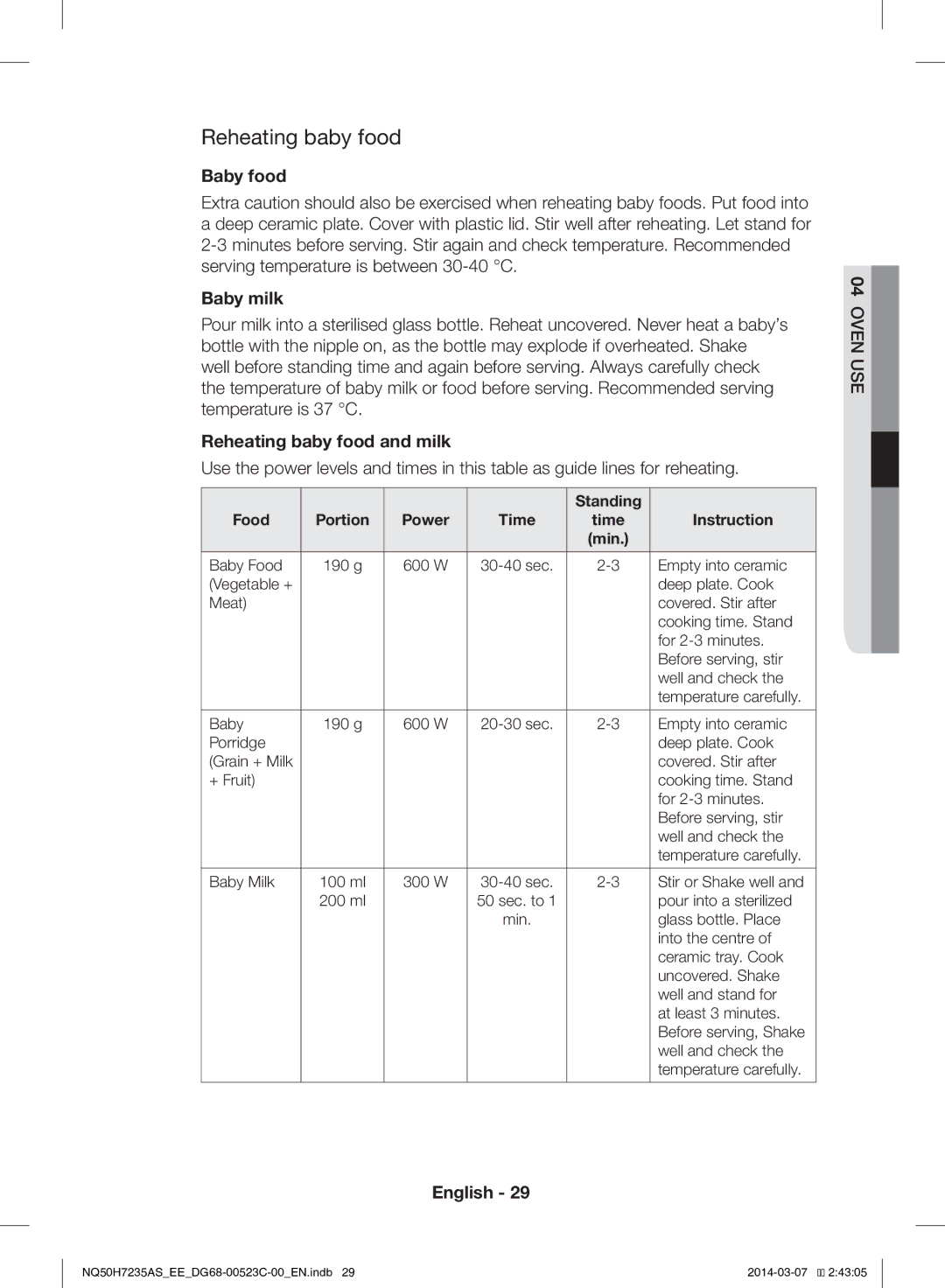 Samsung NQ50H7235AS/EE manual Baby food, Baby milk, Reheating baby food and milk 