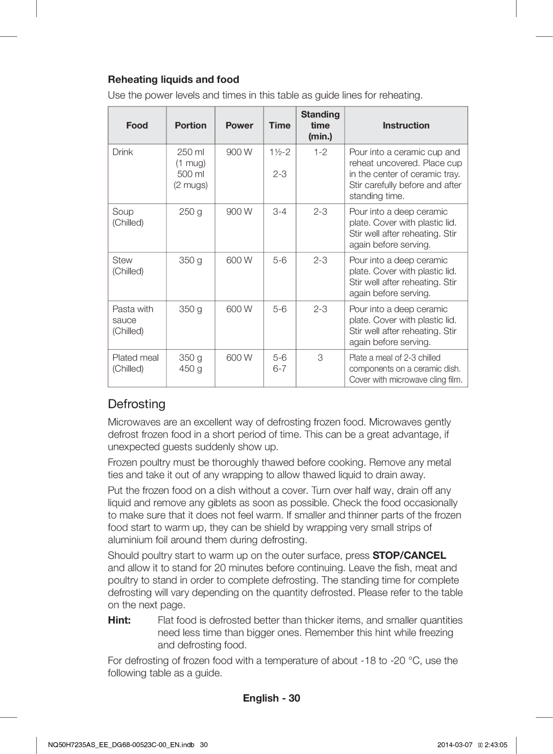 Samsung NQ50H7235AS/EE manual Defrosting, Reheating liquids and food, Power Time 