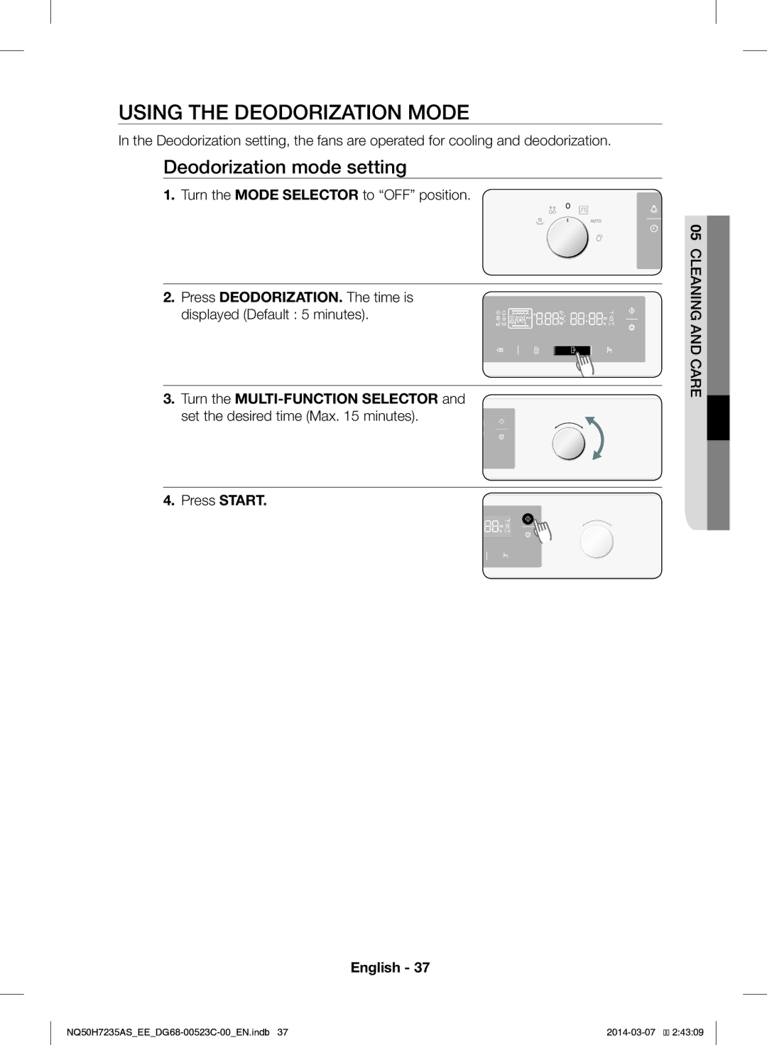 Samsung NQ50H7235AS/EE manual Using the Deodorization Mode, Deodorization mode setting 