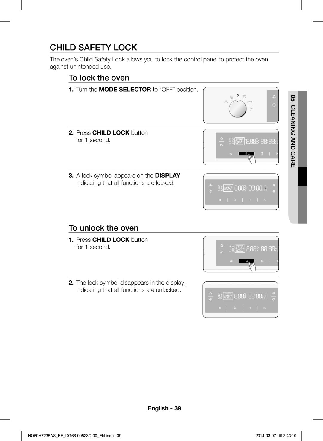 Samsung NQ50H7235AS/EE manual Child Safety Lock, To lock the oven, To unlock the oven 