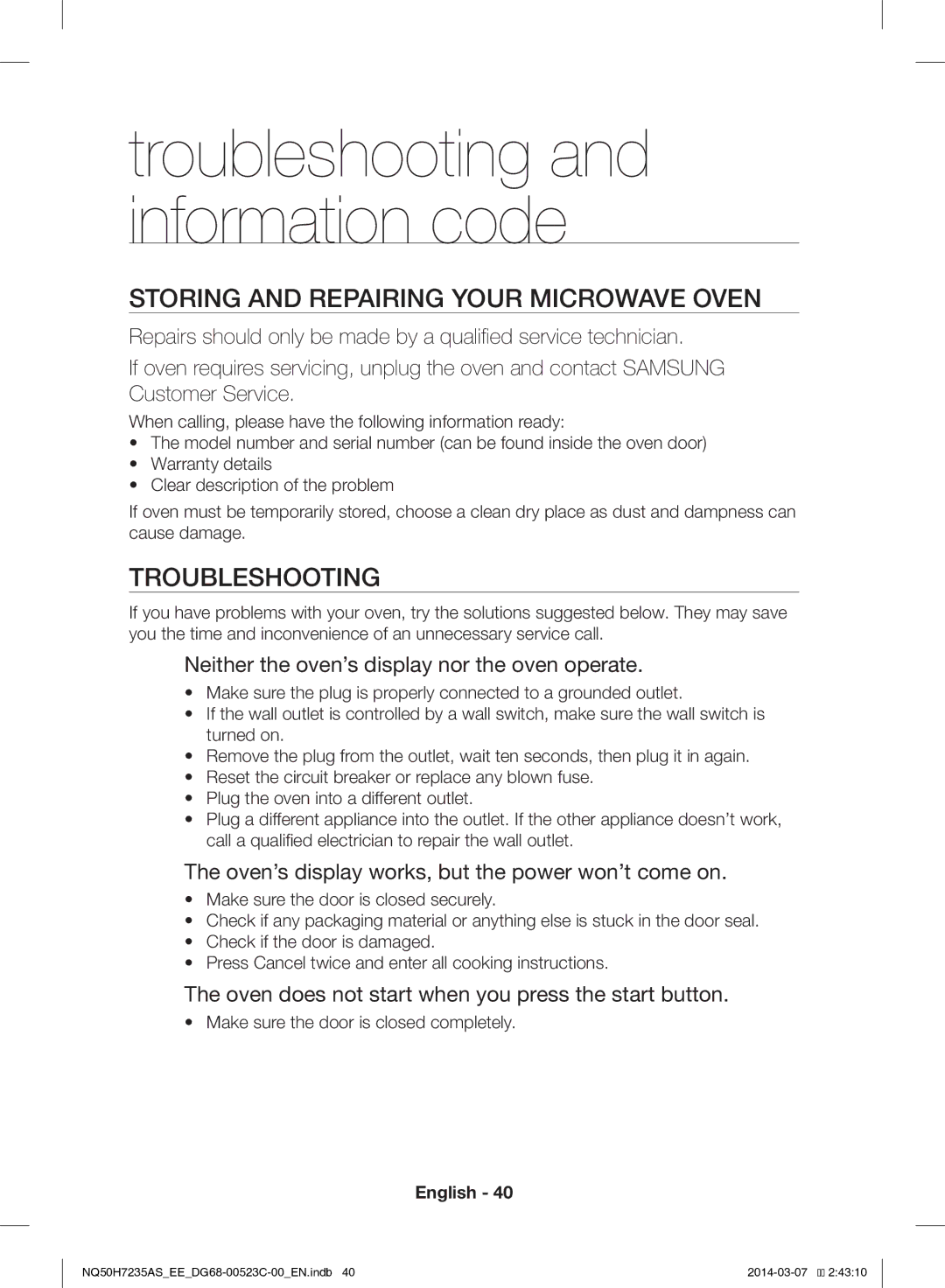 Samsung NQ50H7235AS/EE manual Storing and Repairing Your Microwave Oven, Troubleshooting 