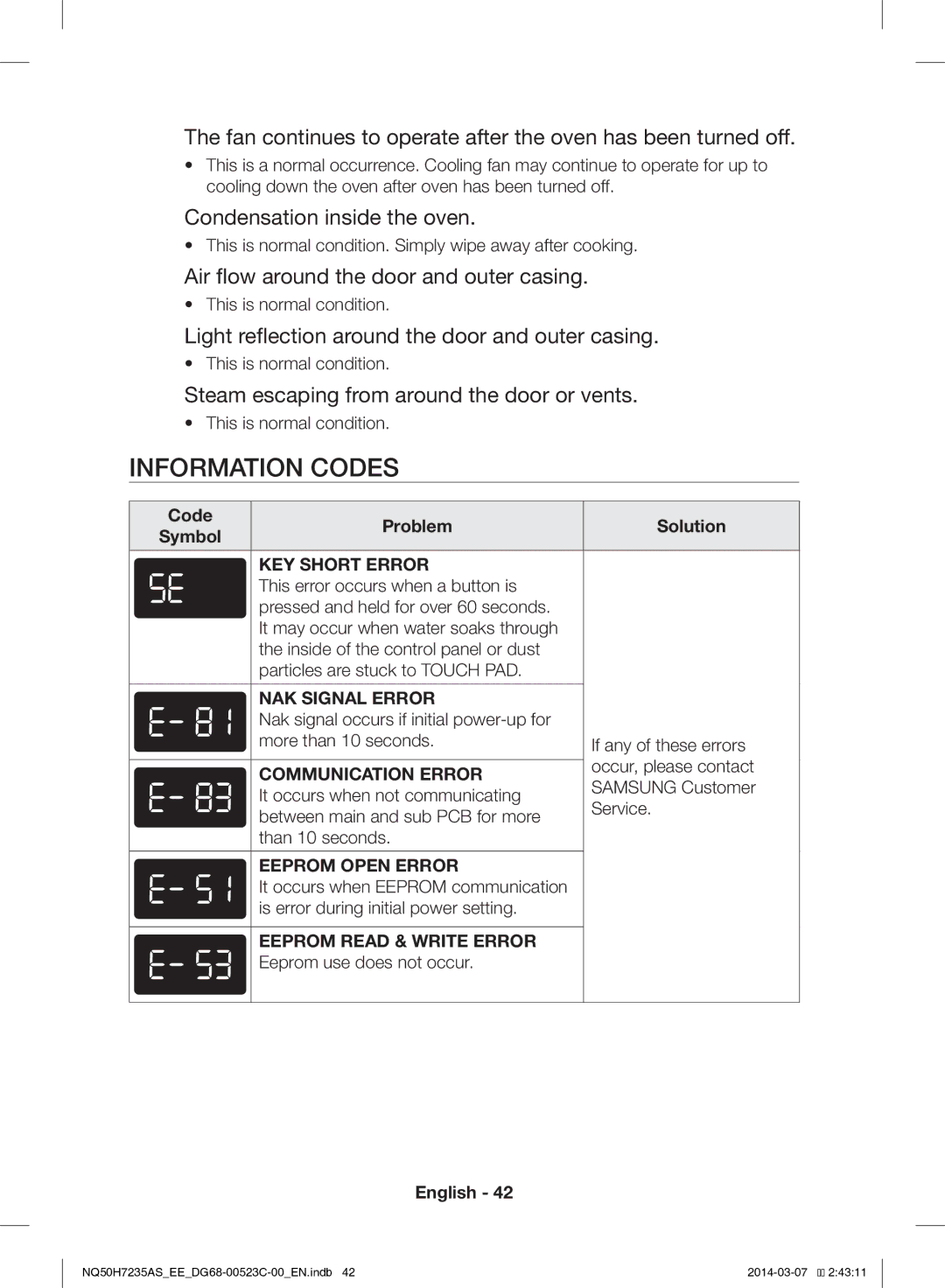 Samsung NQ50H7235AS/EE manual Information Codes 