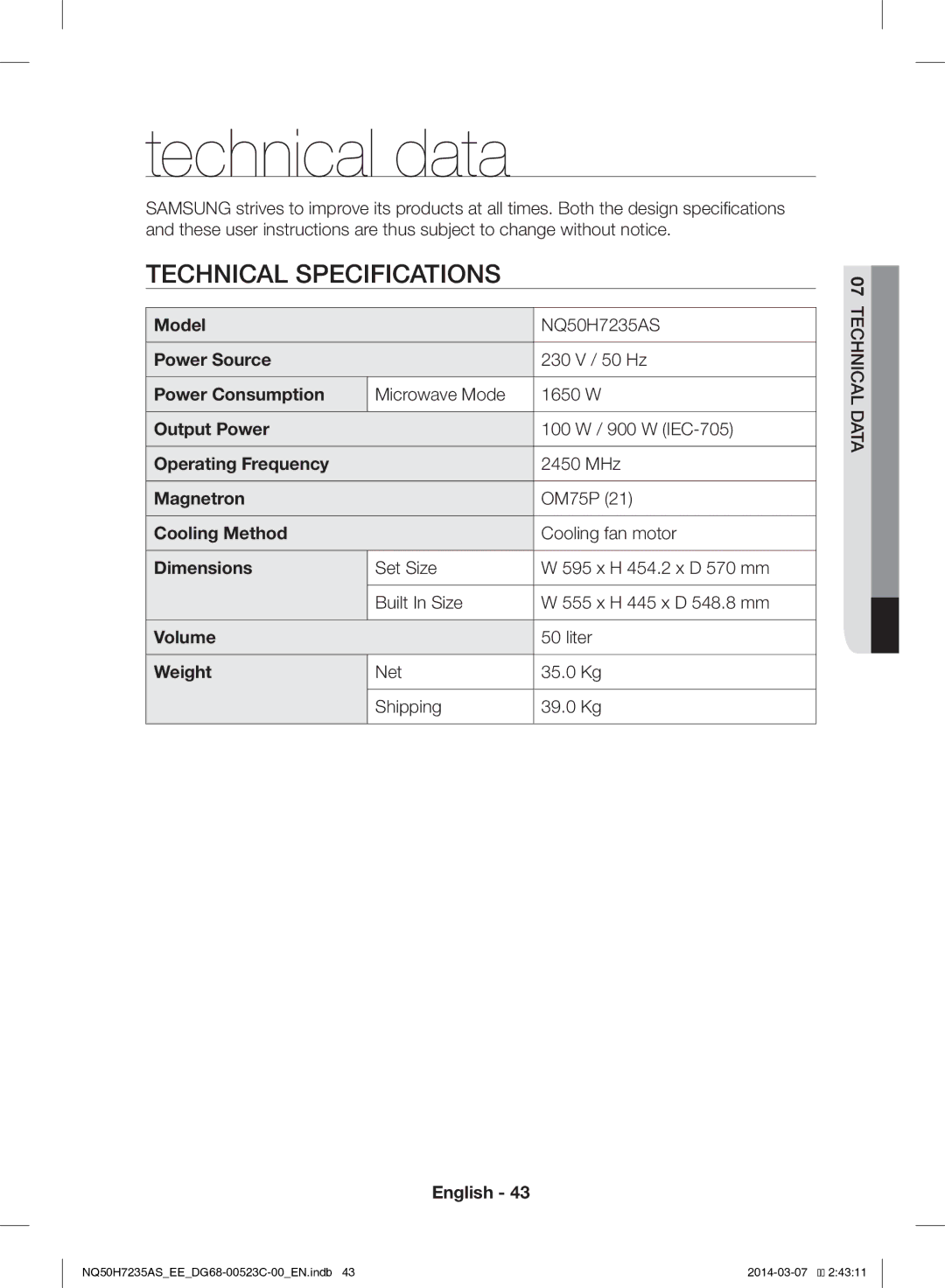 Samsung NQ50H7235AS/EE manual Technical data, Technical Specifications 