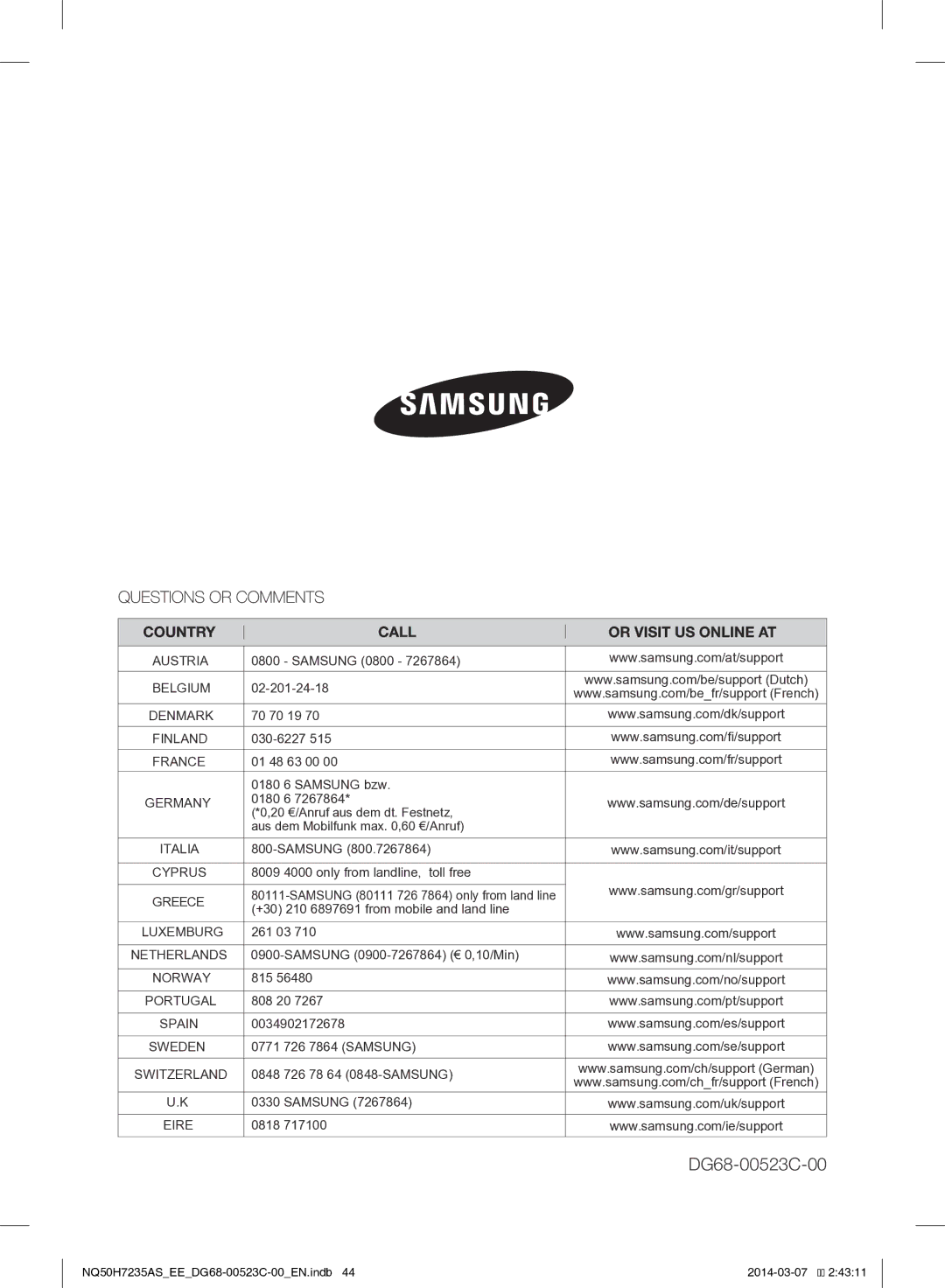 Samsung NQ50H7235AS/EE manual DG68-00523C-00 