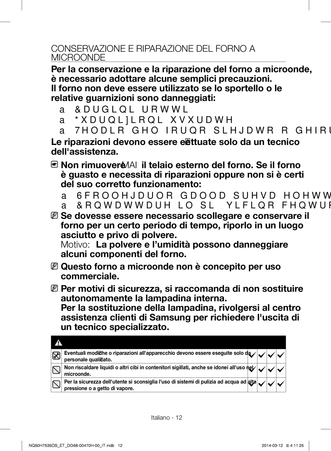 Samsung NQ50H7535DS/ET manual Conservazione E Riparazione DEL Forno a Microonde 