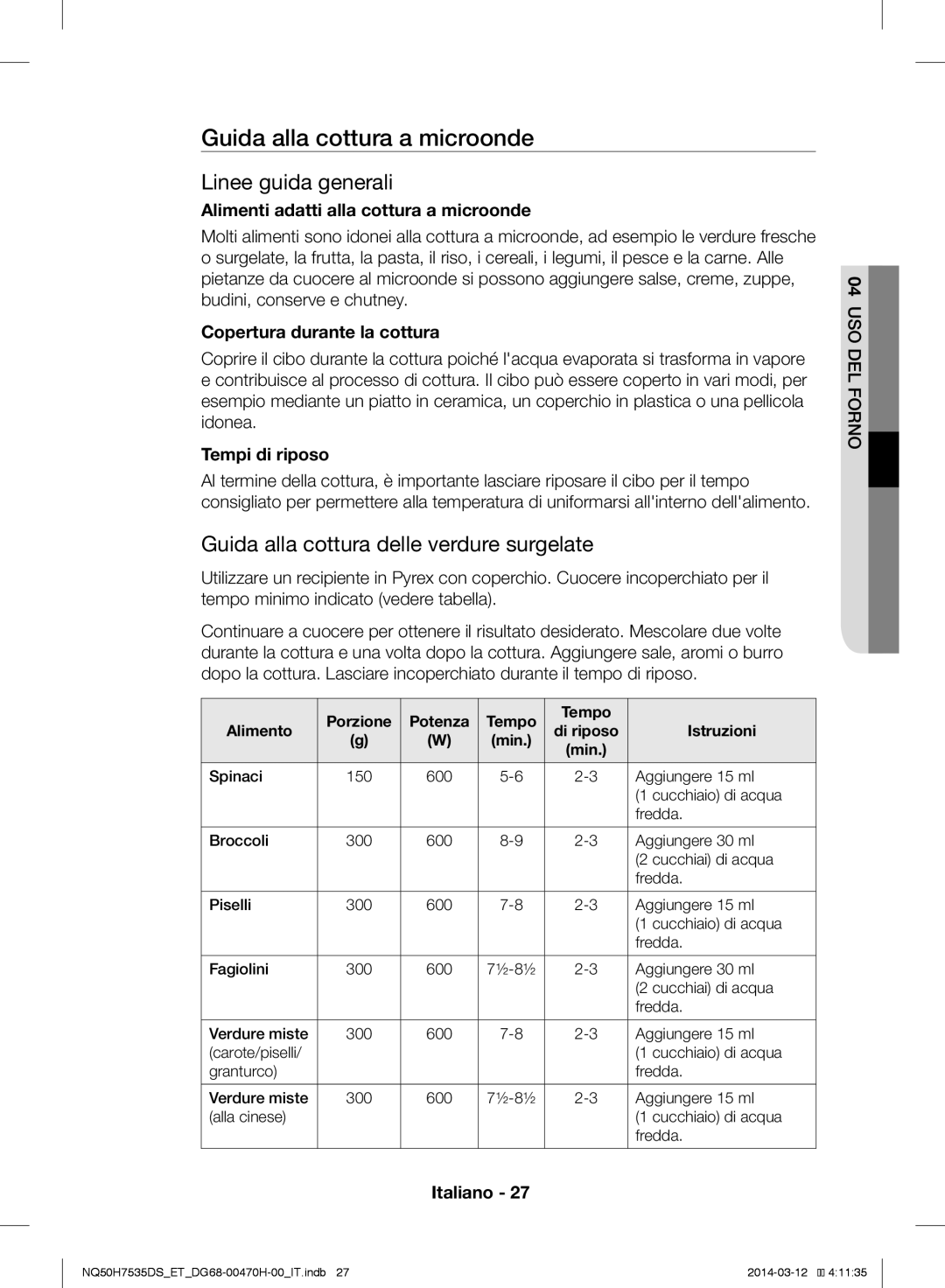 Samsung NQ50H7535DS/ET Guida alla cottura a microonde, Linee guida generali, Guida alla cottura delle verdure surgelate 