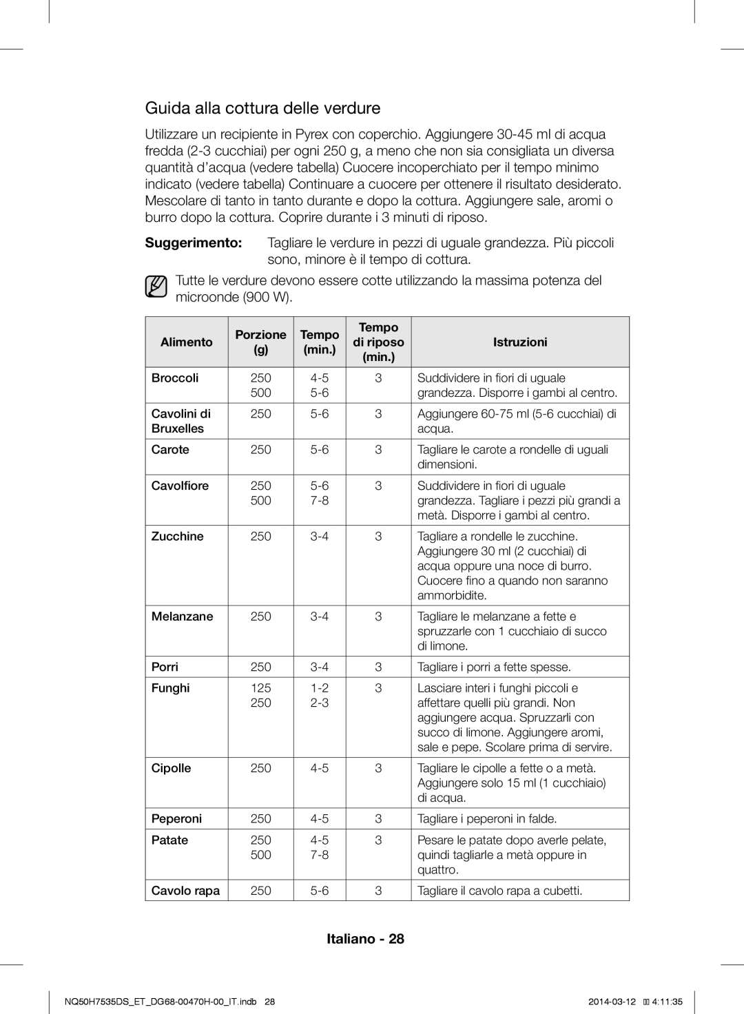 Samsung NQ50H7535DS/ET manual Guida alla cottura delle verdure, Porzione Tempo Alimento, Metà. Disporre i gambi al centro 