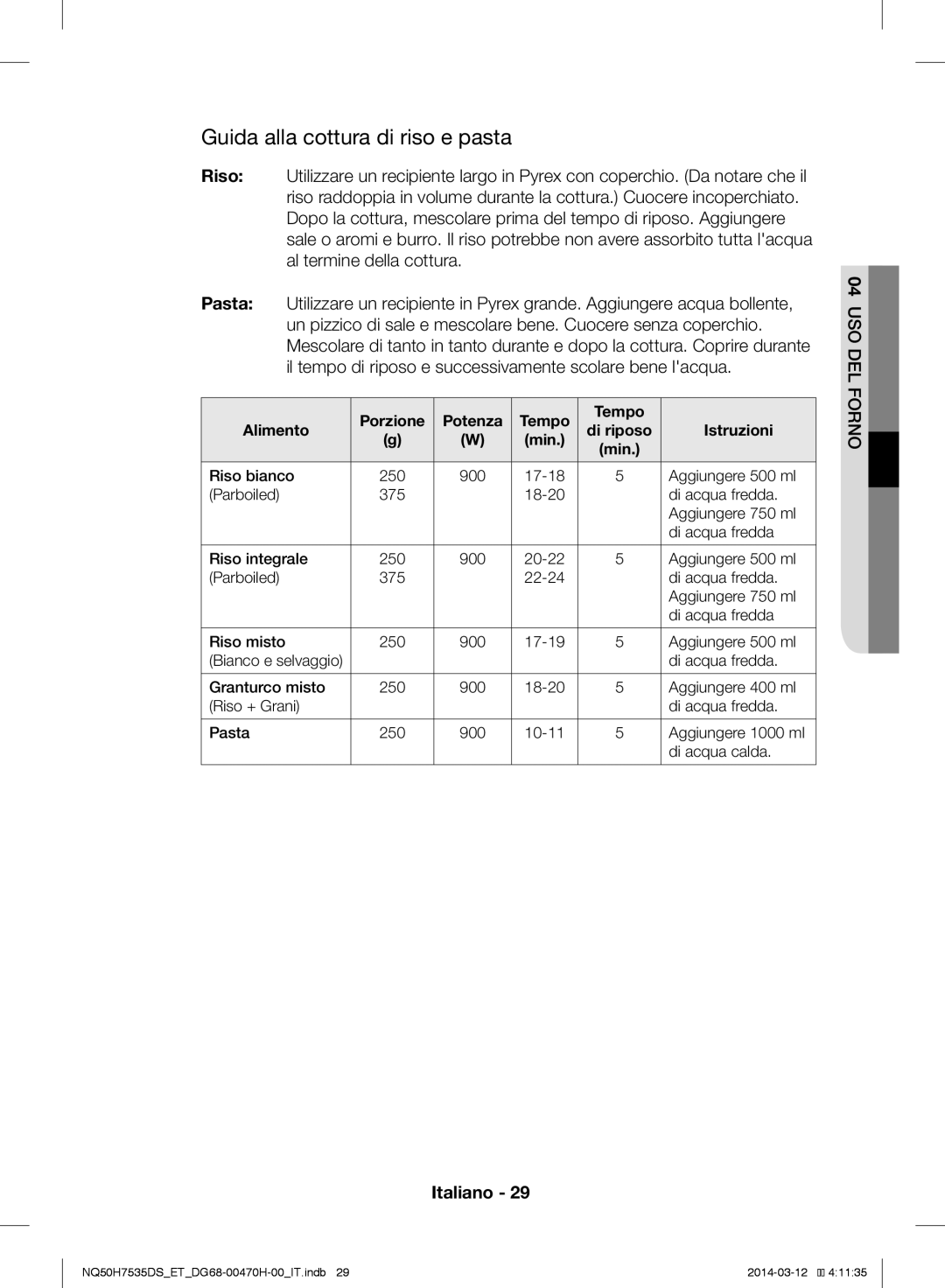 Samsung NQ50H7535DS/ET manual Guida alla cottura di riso e pasta 