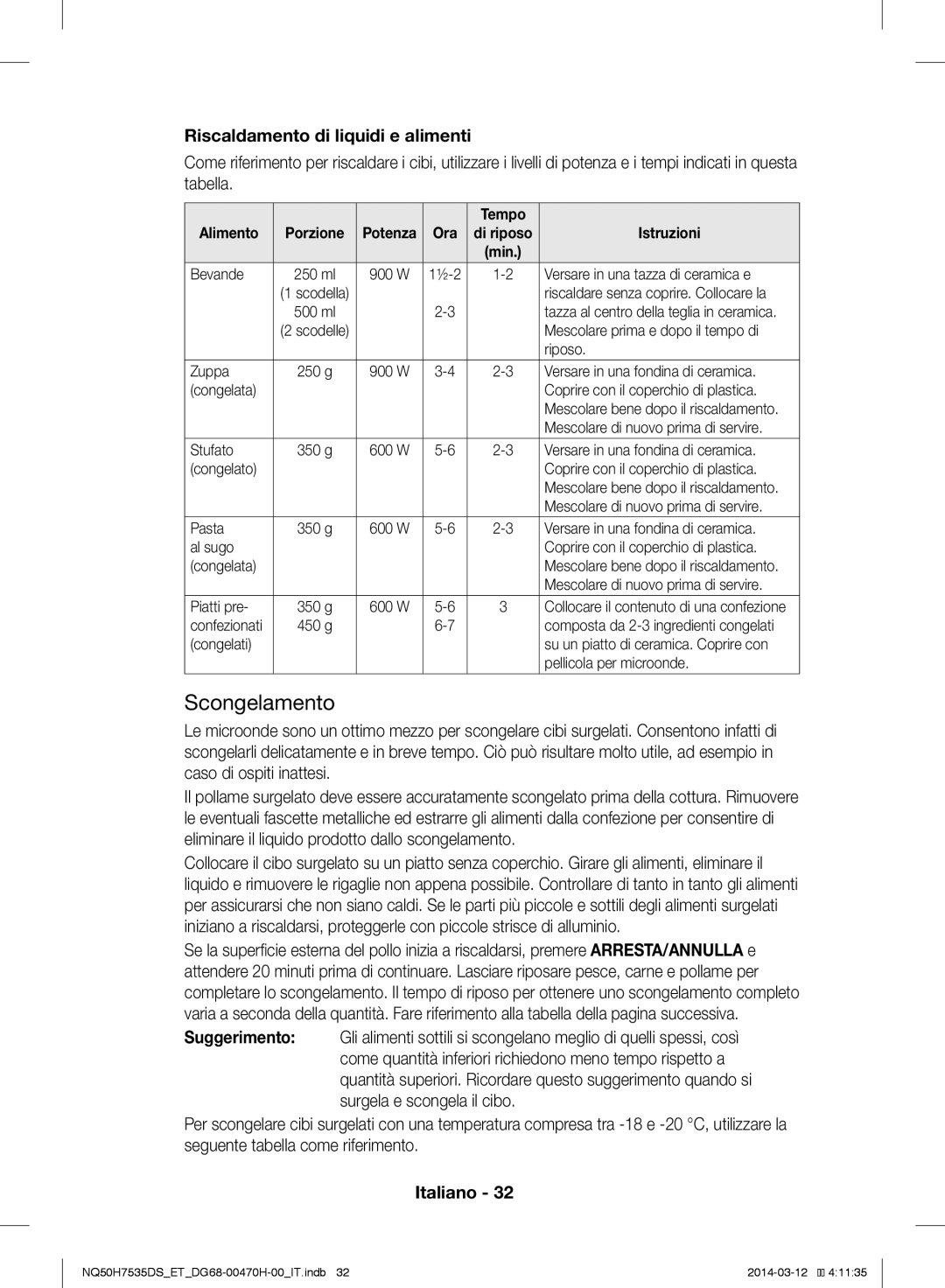 Samsung NQ50H7535DS/ET manual Scongelamento, Riscaldamento di liquidi e alimenti, Tempo Alimento, Ora 