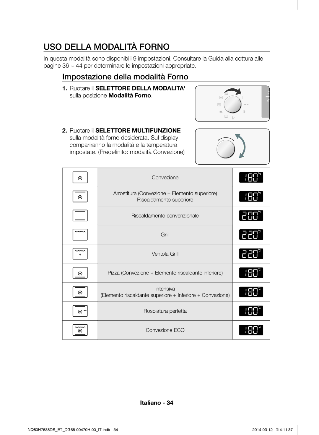 Samsung NQ50H7535DS/ET manual USO Della Modalità Forno, Impostazione della modalità Forno 