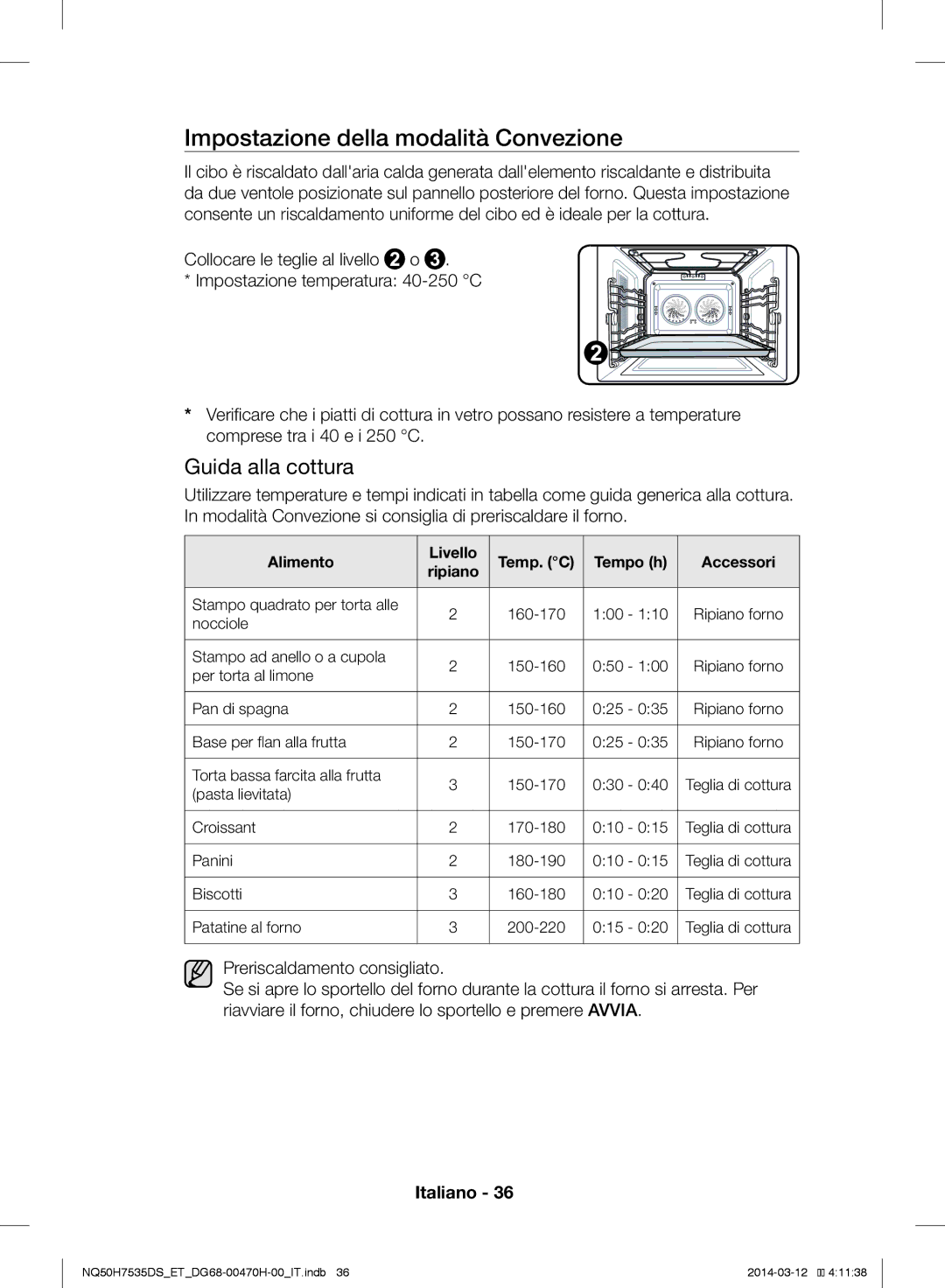 Samsung NQ50H7535DS/ET manual Impostazione della modalità Convezione, Guida alla cottura 