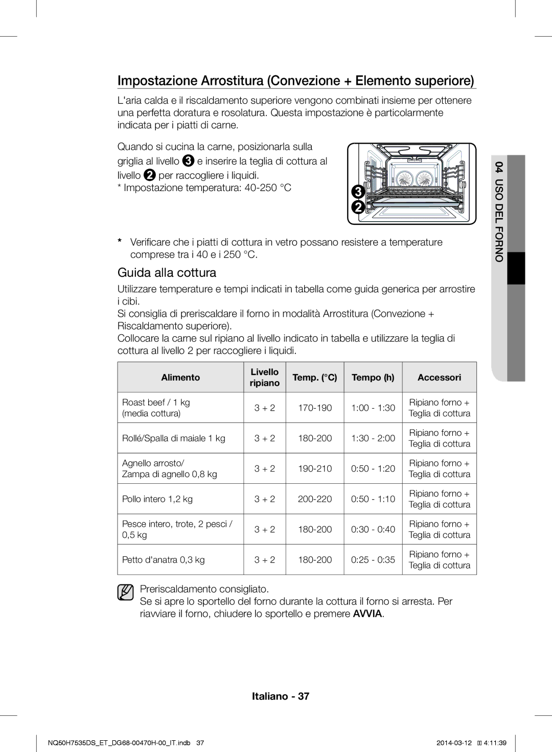 Samsung NQ50H7535DS/ET manual Impostazione Arrostitura Convezione + Elemento superiore 