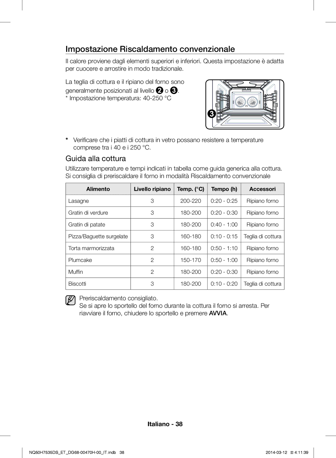 Samsung NQ50H7535DS/ET manual Impostazione Riscaldamento convenzionale, Alimento Livello ripiano Temp. C Tempo h Accessori 