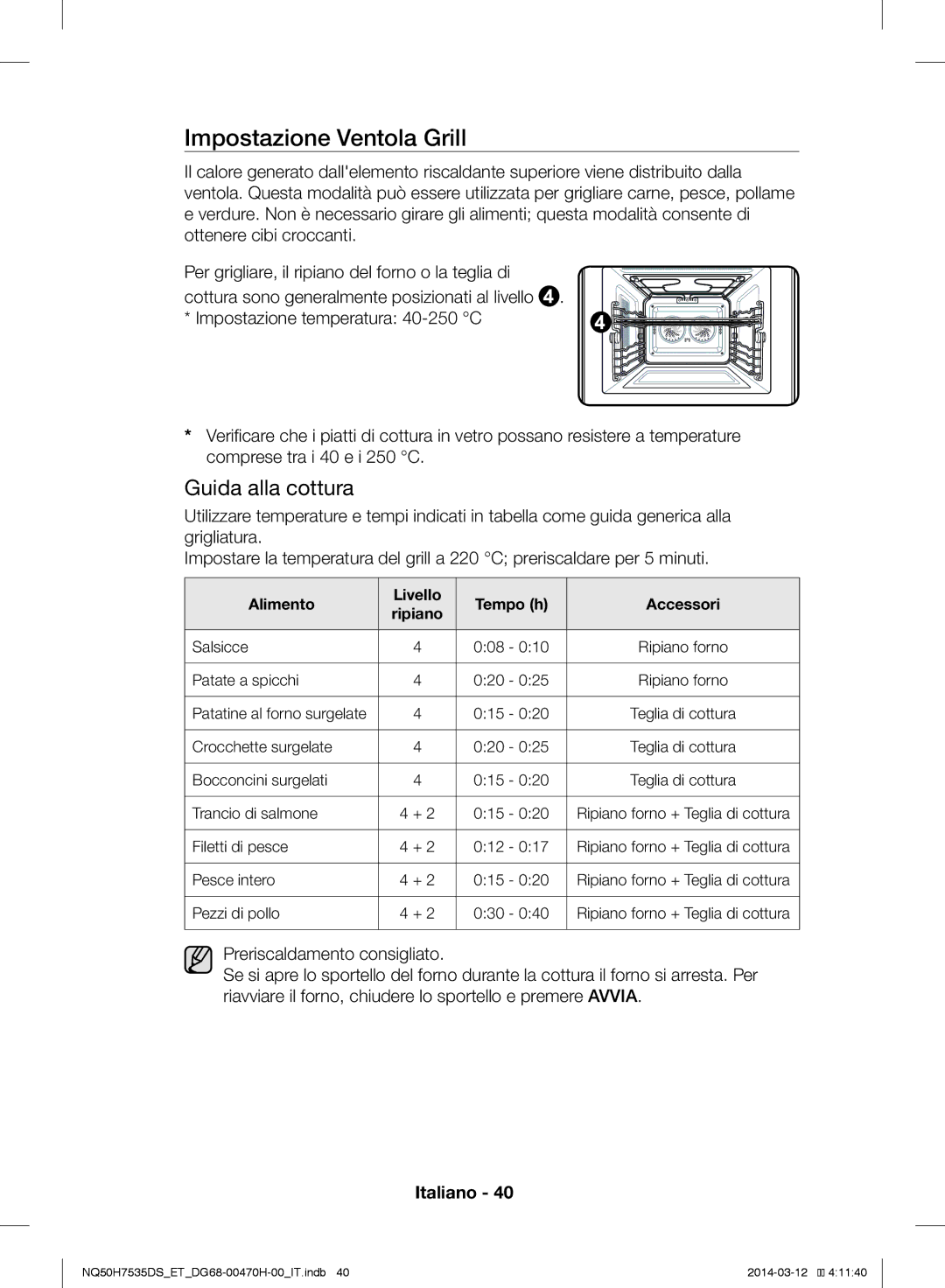 Samsung NQ50H7535DS/ET manual Impostazione Ventola Grill, Alimento Livello Tempo h Accessori Ripiano 