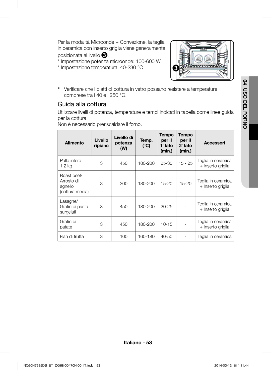 Samsung NQ50H7535DS/ET manual Pollo intero 450 180-200 25-30, Roast beef Arrosto di 300 180-200 15-20, Agnello 