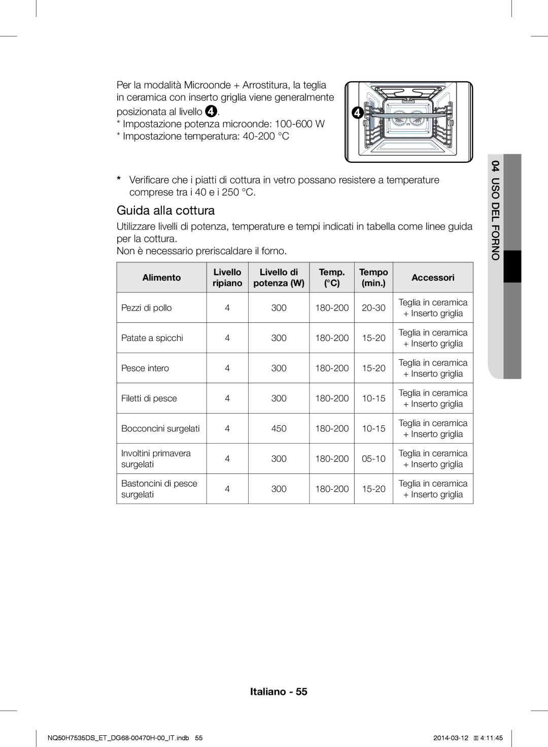 Samsung NQ50H7535DS/ET manual Alimento Livello Livello di Temp Tempo Accessori 