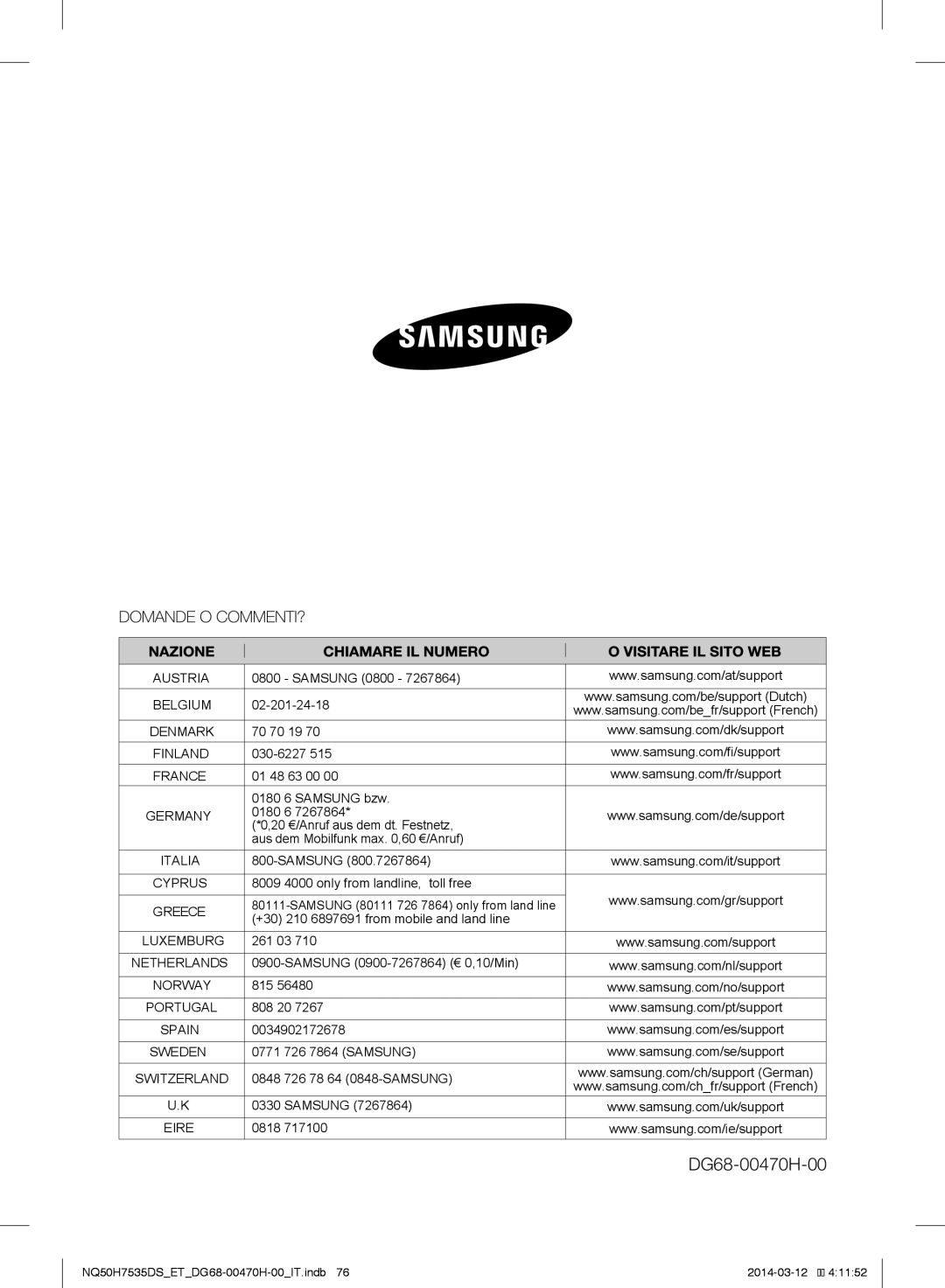 Samsung NQ50H7535DS/ET manual DG68-00470H-00, Austria 