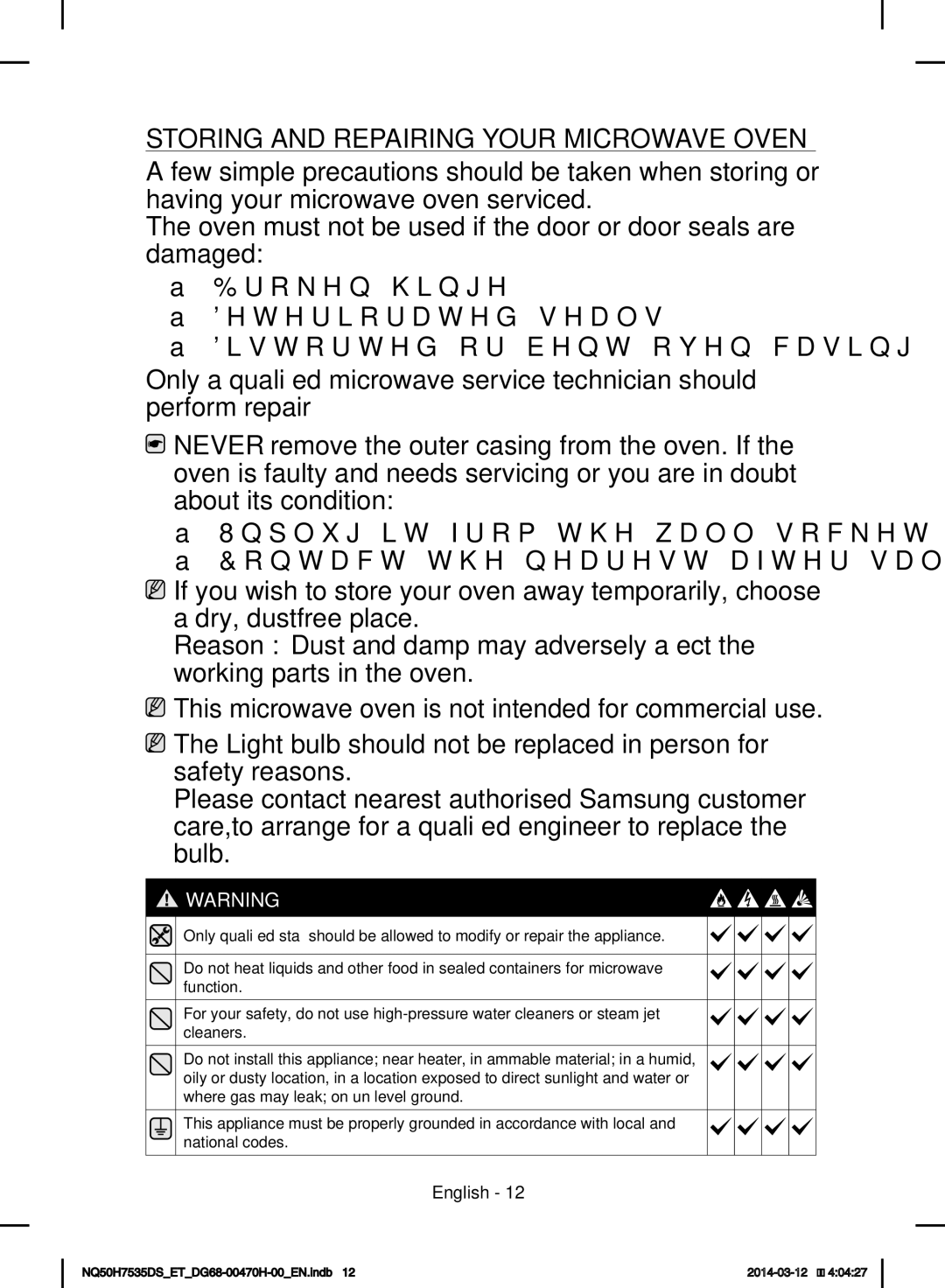 Samsung NQ50H7535DS/ET manual Storing and Repairing Your Microwave Oven 