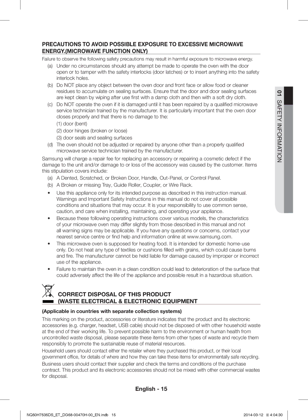 Samsung NQ50H7535DS/ET manual Applicable in countries with separate collection systems 