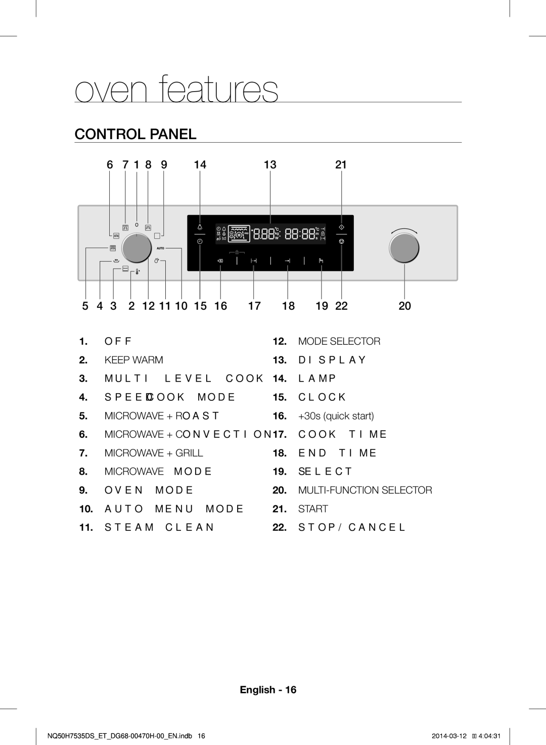 Samsung NQ50H7535DS/ET manual Control Panel, +30s quick start 