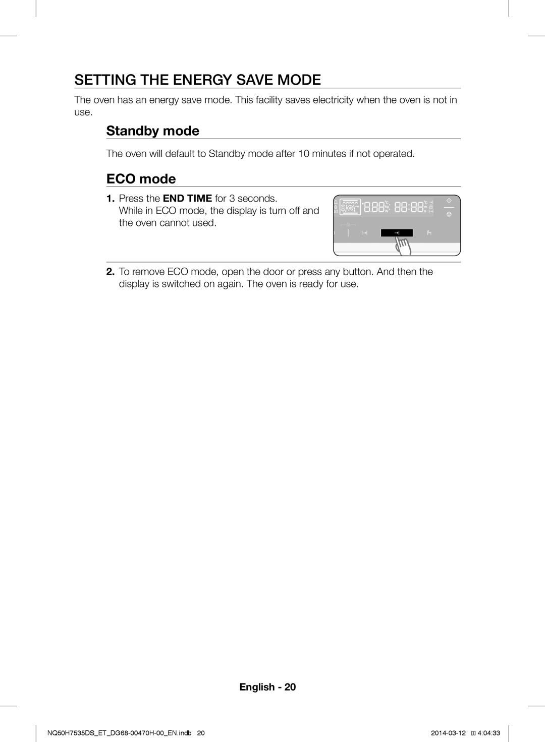 Samsung NQ50H7535DS/ET manual Setting the Energy Save Mode, ECO mode 