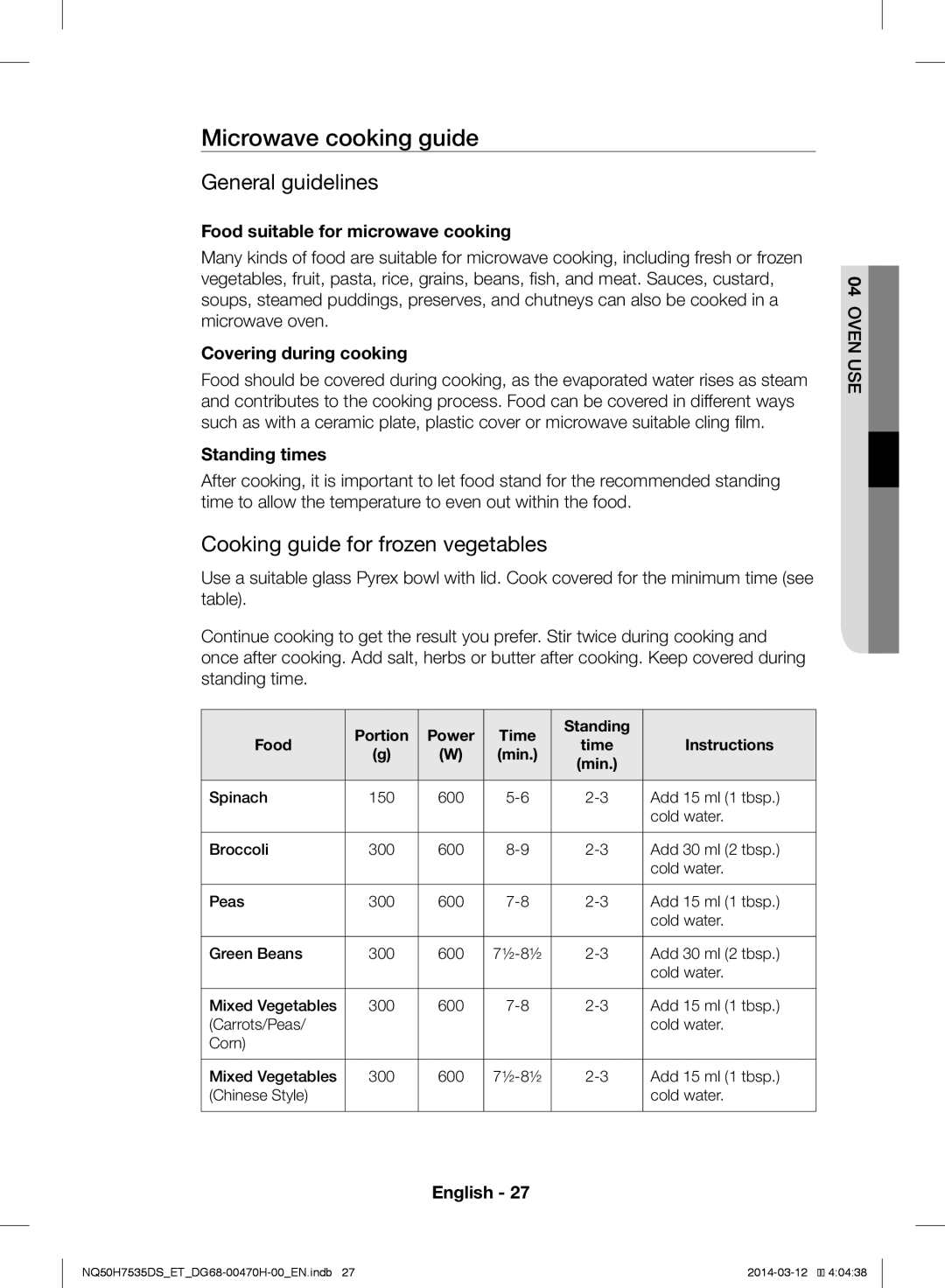 Samsung NQ50H7535DS/ET manual Microwave cooking guide, General guidelines, Cooking guide for frozen vegetables 