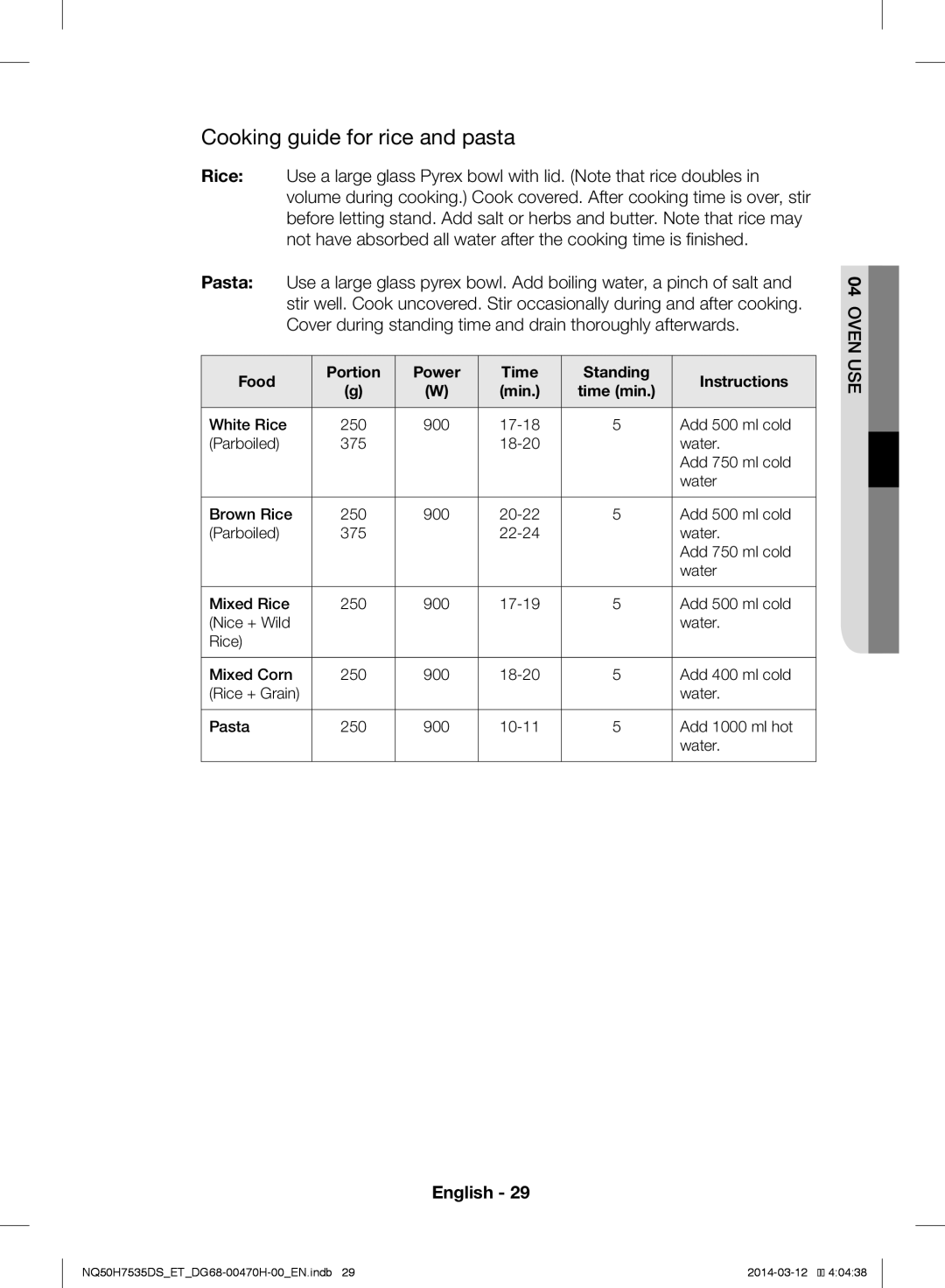 Samsung NQ50H7535DS/ET manual Cooking guide for rice and pasta, Food Portion Power Time Standing Instructions Min 