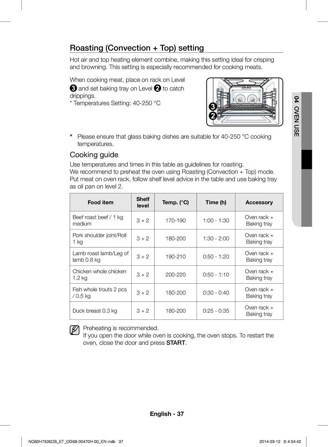 Samsung NQ50H7535DS/ET manual Roasting Convection + Top setting, Food item Shelf Temp. C Time h Accessory Level 