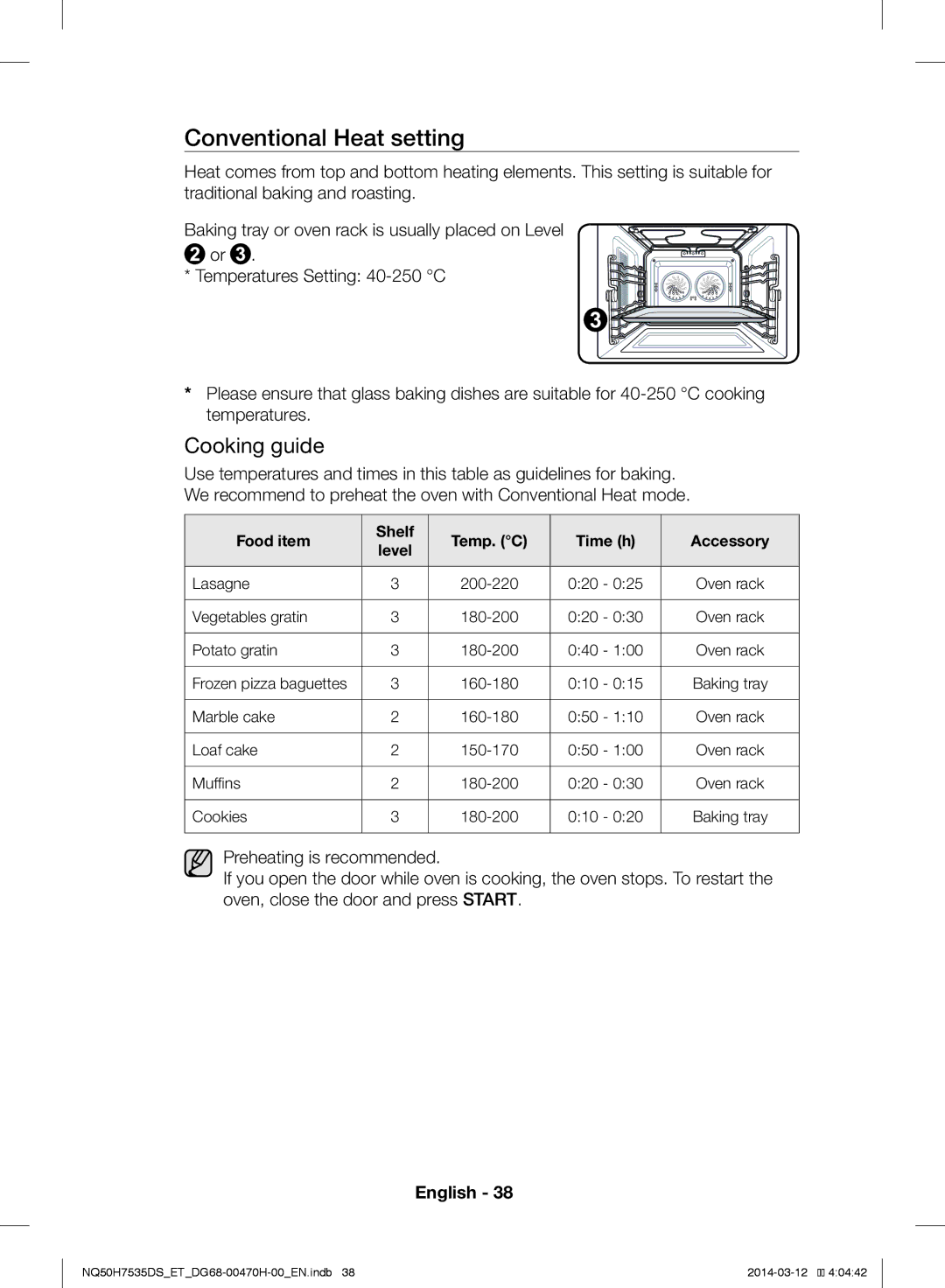 Samsung NQ50H7535DS/ET manual Conventional Heat setting 