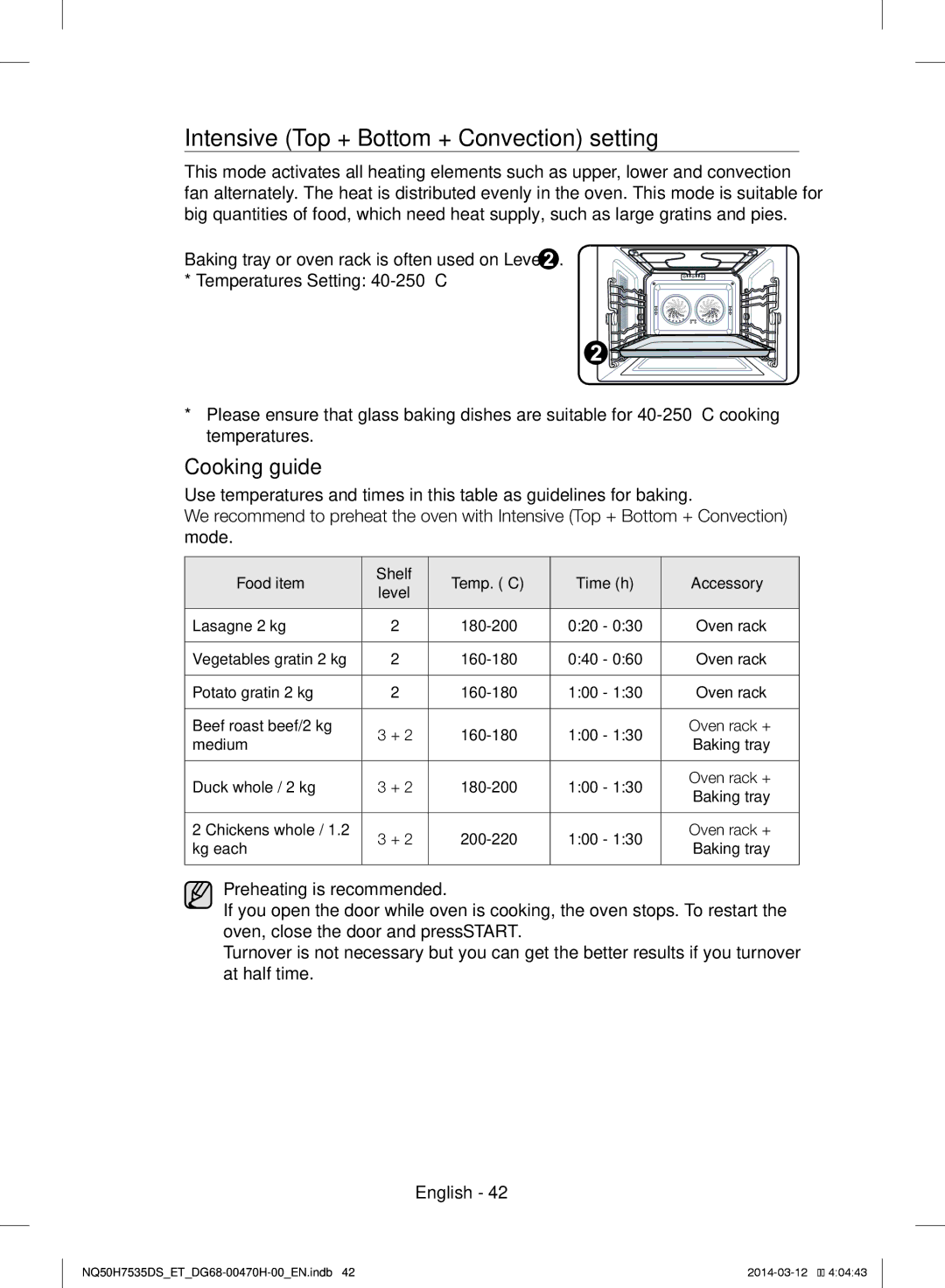 Samsung NQ50H7535DS/ET manual Intensive Top + Bottom + Convection setting, Food item Shelf Temp. C Time h Accessory Level 