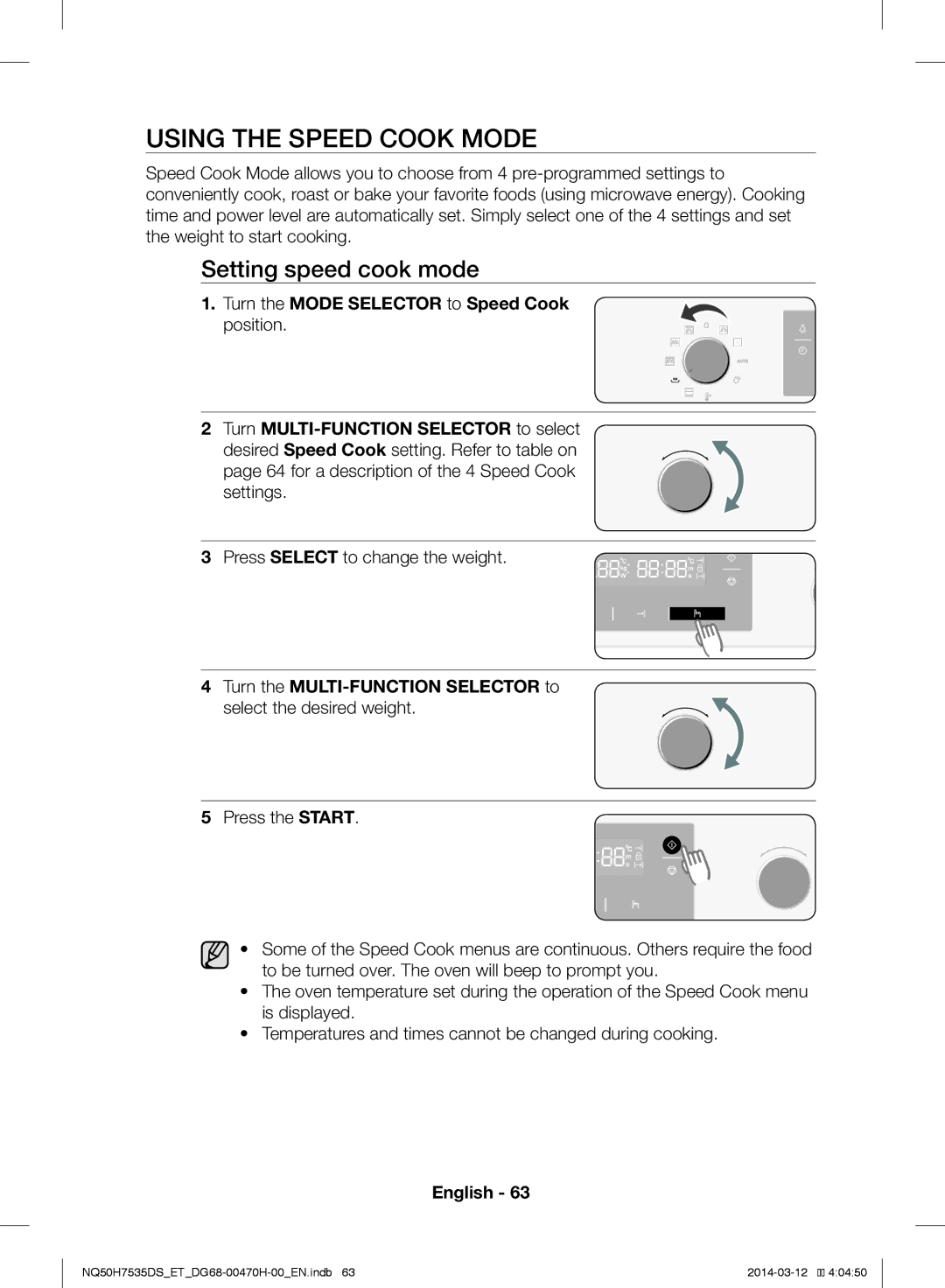 Samsung NQ50H7535DS/ET manual Using the Speed Cook Mode, Setting speed cook mode 