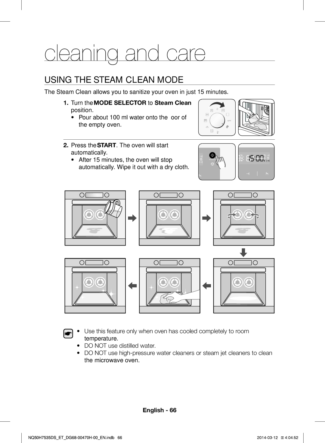 Samsung NQ50H7535DS/ET manual Using the Steam Clean Mode, Turn the Mode Selector to Steam Clean position 