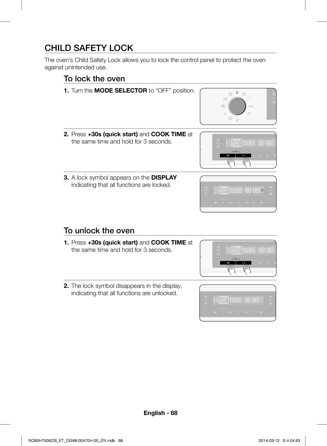 Samsung NQ50H7535DS/ET Child Safety Lock, To lock the oven, To unlock the oven, Press +30s quick start and Cook Time at 