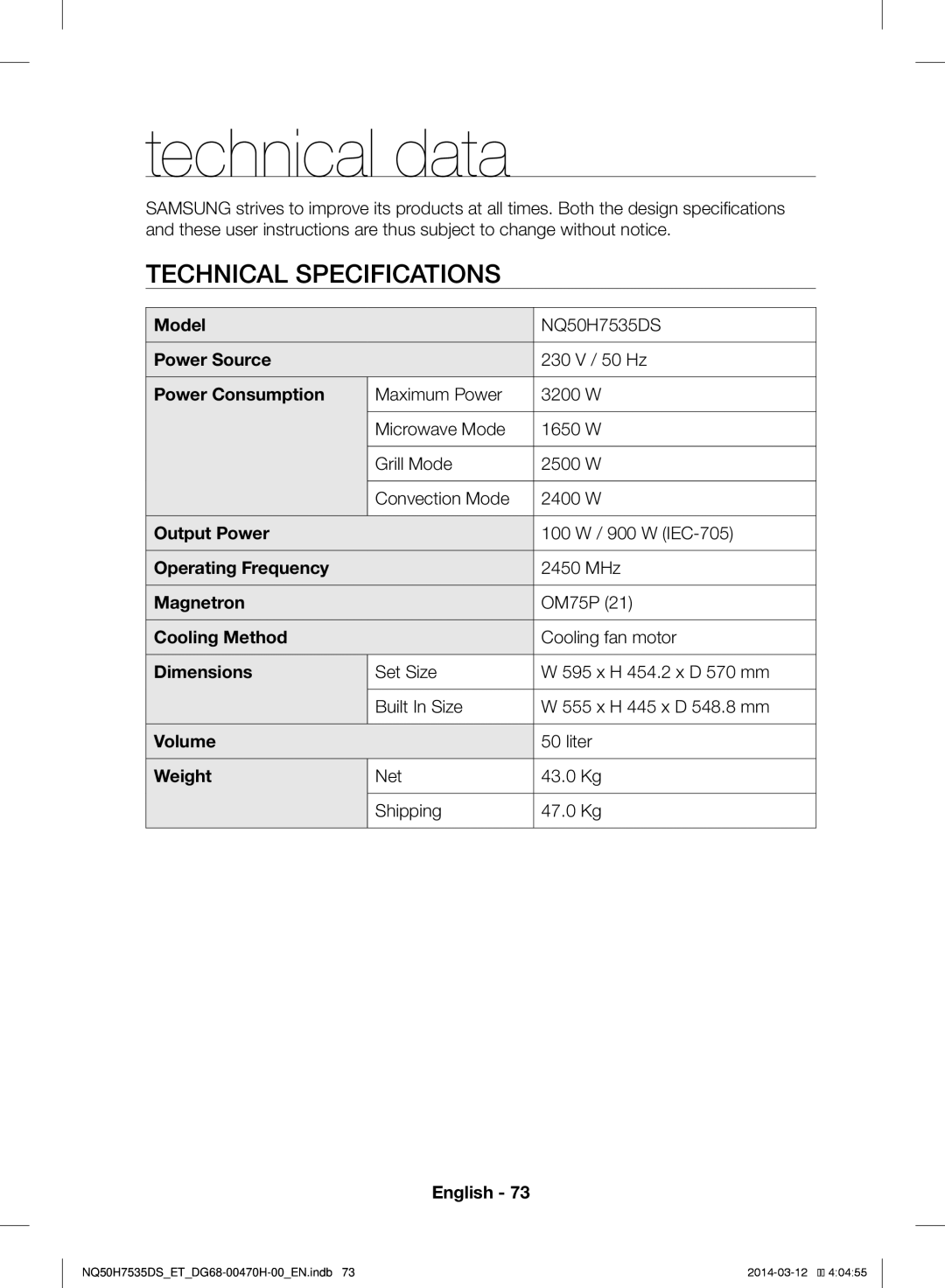 Samsung NQ50H7535DS/ET manual Technical Specifications 