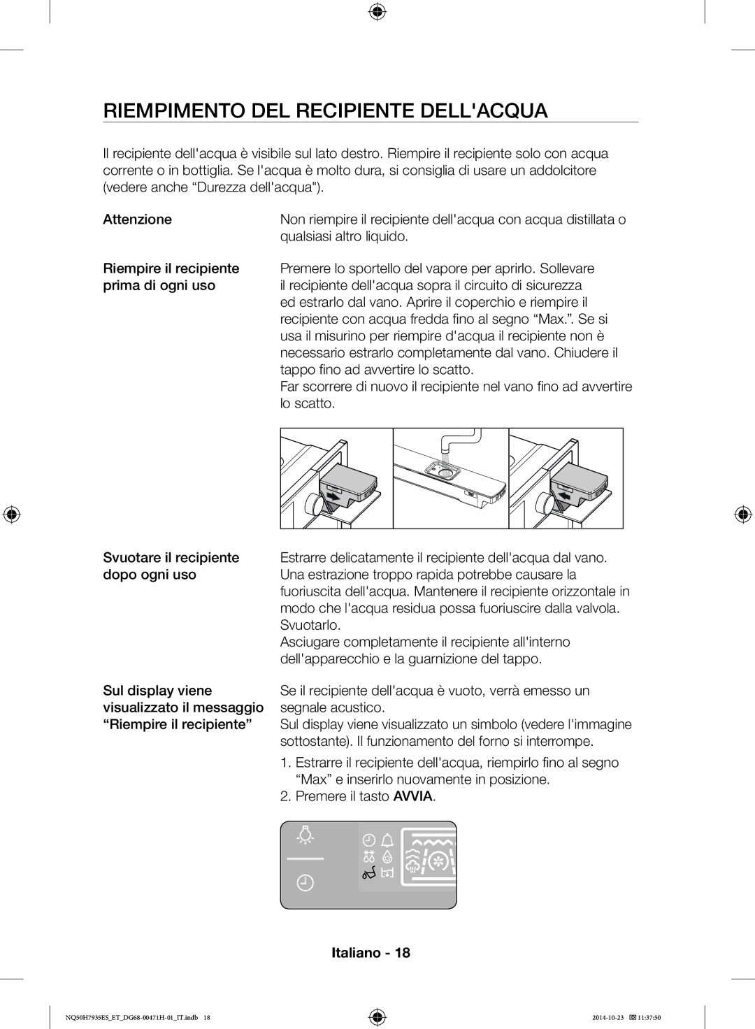 Samsung NQ50H7935ES/ET manual Riempimento DEL Recipiente Dellacqua 